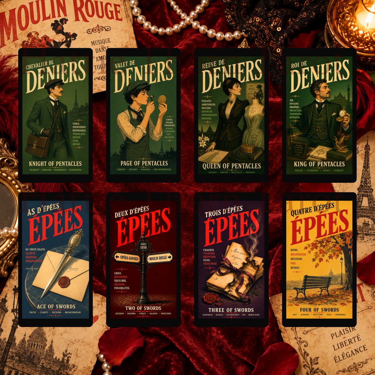 Decadence Tarot 🎭 a bold vintage Paris tarot deck of cabarets, cafés, desire & destiny, inspired by the iconic posters of 1890s Paris