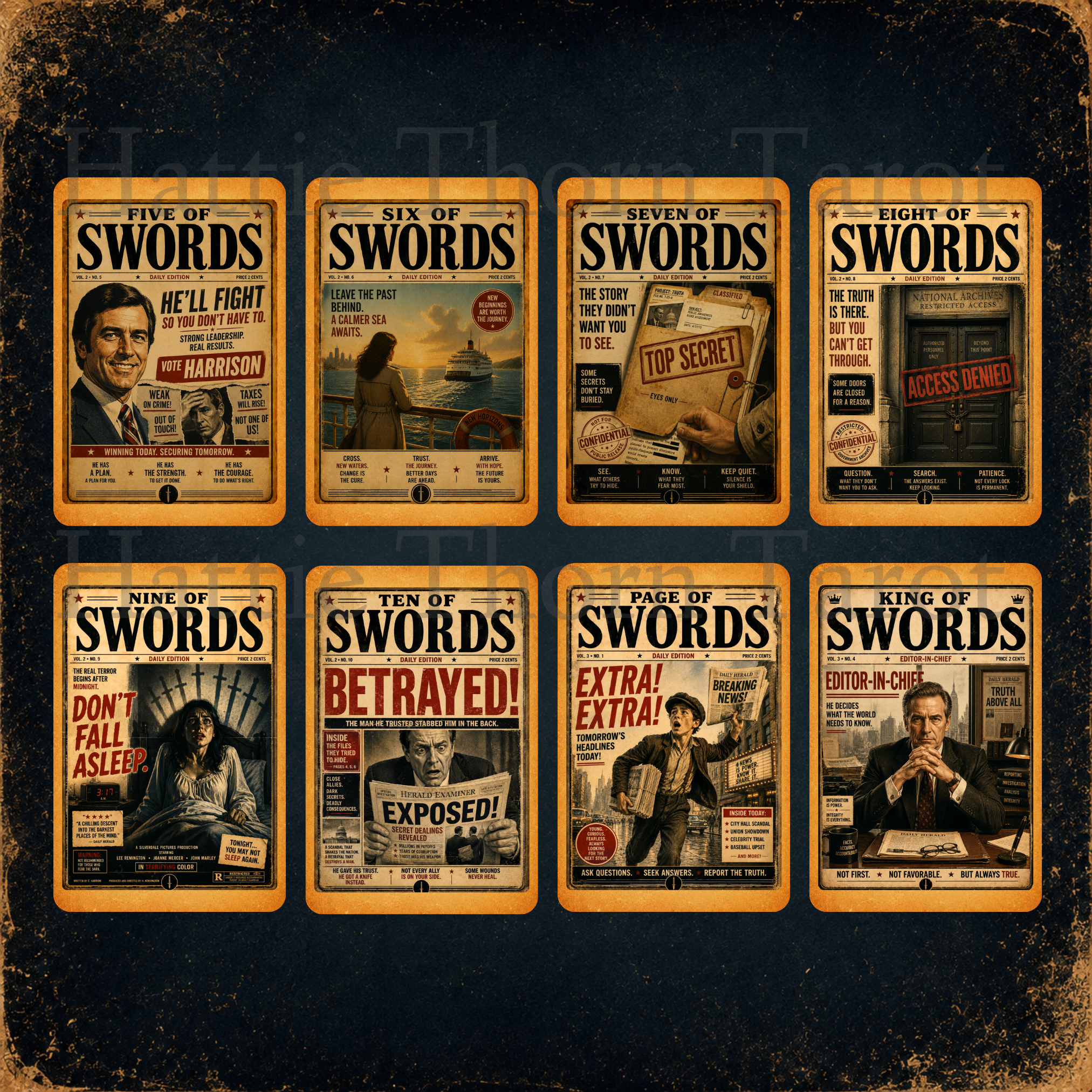 Midnight Press Tarot 🎙️ A vintage press-inspired tarot deck where newspapers, movie posters, magazines, and forgotten stories become the language of divination.