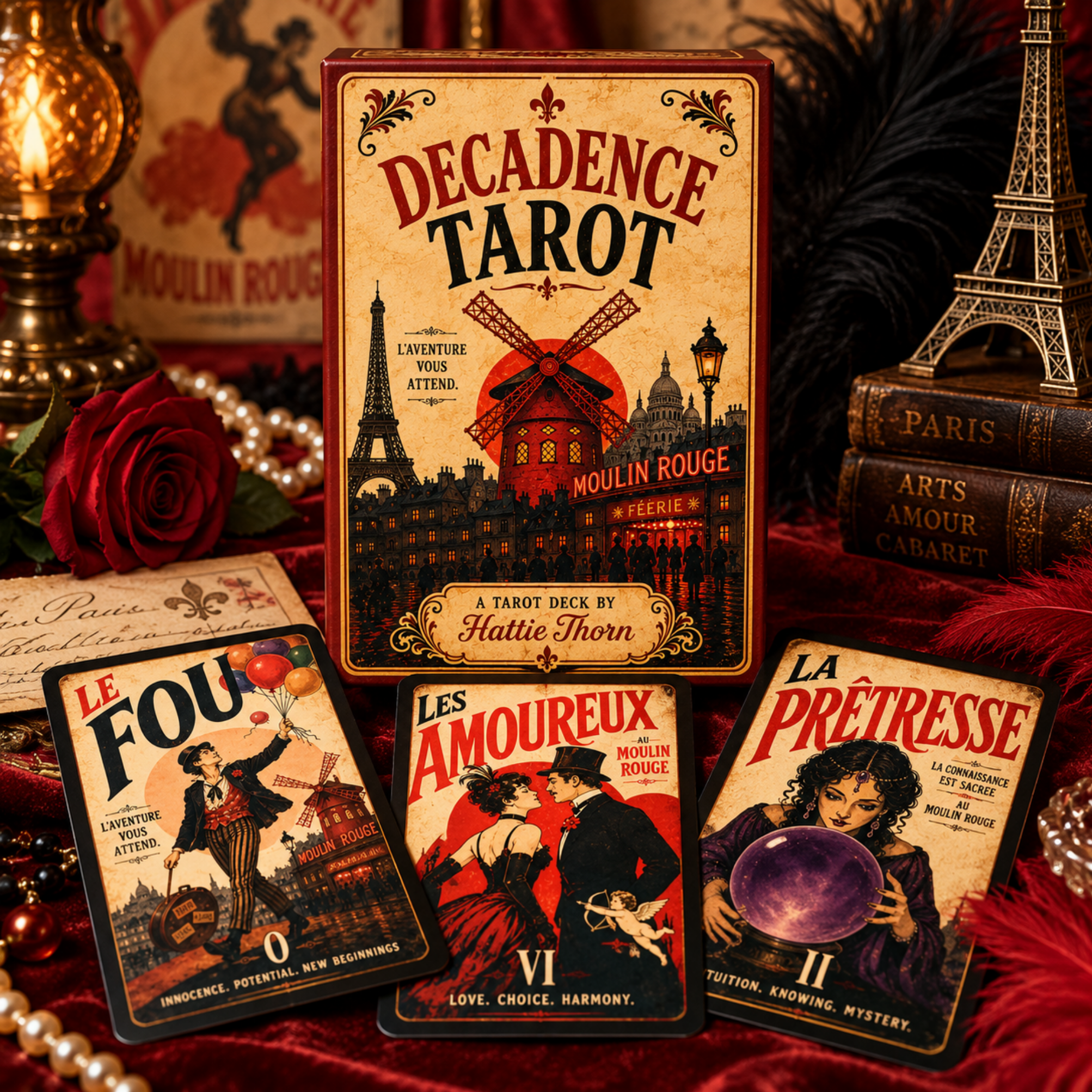 Decadence Tarot 🎭 a bold vintage Paris tarot deck of cabarets, cafés, desire & destiny, inspired by the iconic posters of 1890s Paris