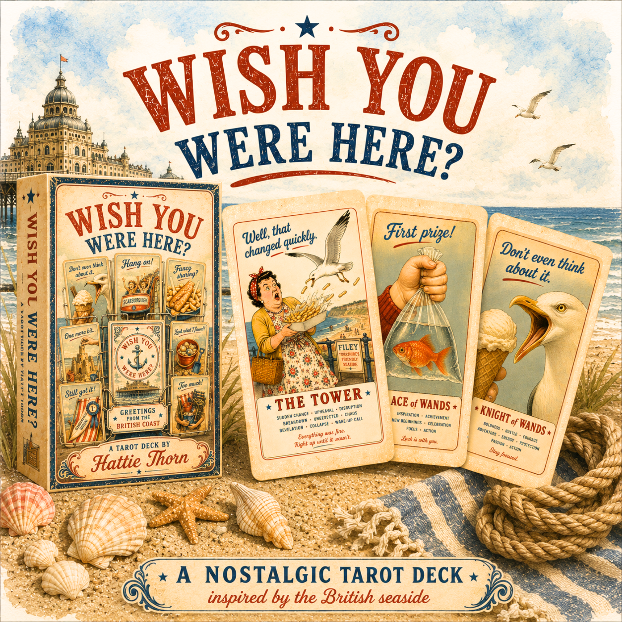 Wish You Were Here? 🇬🇧 A charming British seaside tarot deck where deckchairs, donkeys, ice creams and old postcards bring the tarot to life.