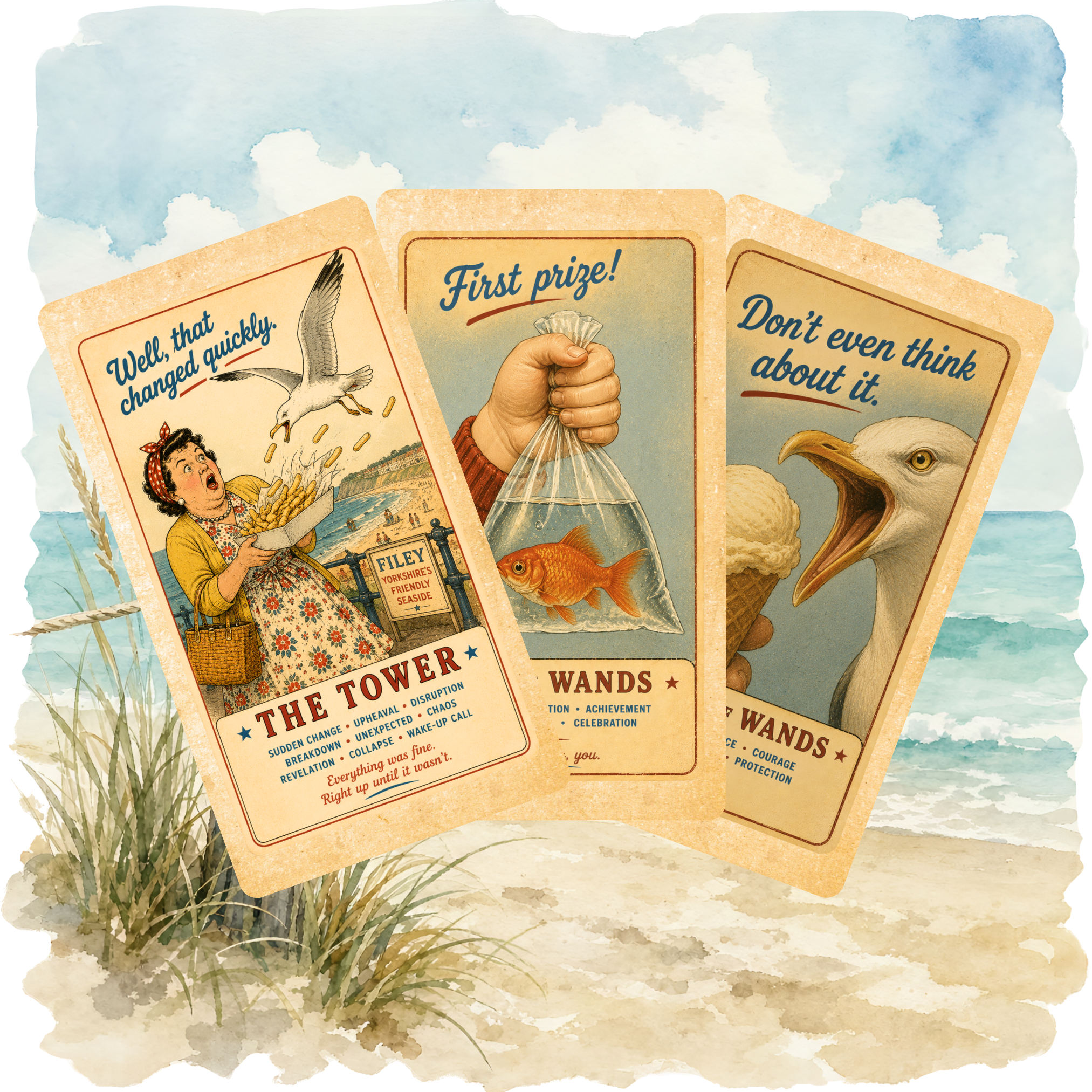 Wish You Were Here? 🇬🇧 A charming British seaside tarot deck where deckchairs, donkeys, ice creams and old postcards bring the tarot to life.