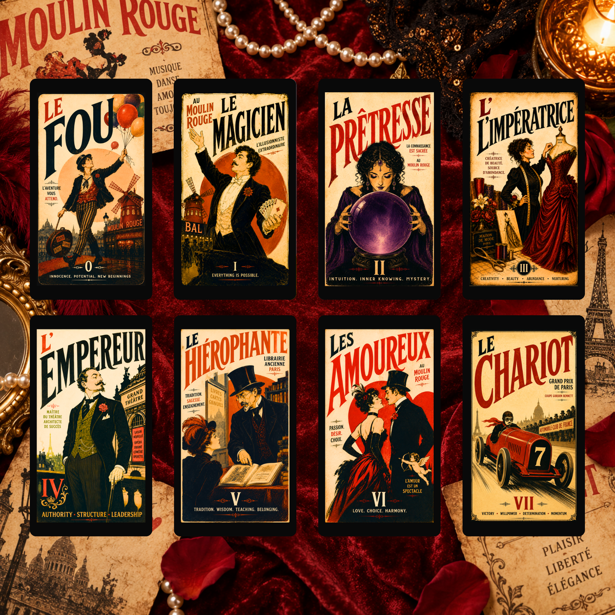 Decadence Tarot 🎭 a bold vintage Paris tarot deck of cabarets, cafés, desire & destiny, inspired by the iconic posters of 1890s Paris