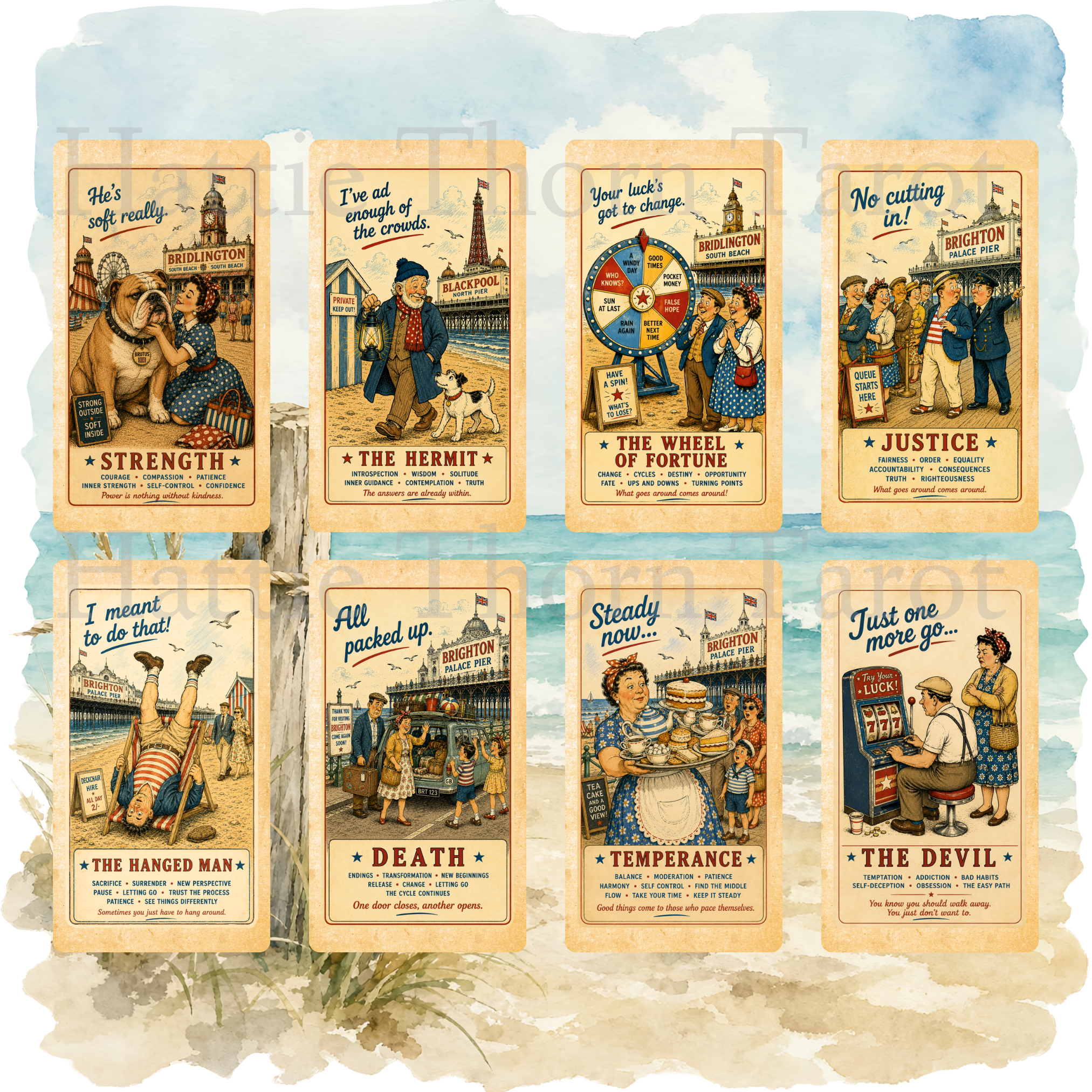 Wish You Were Here? 🇬🇧 A charming British seaside tarot deck where deckchairs, donkeys, ice creams and old postcards bring the tarot to life.
