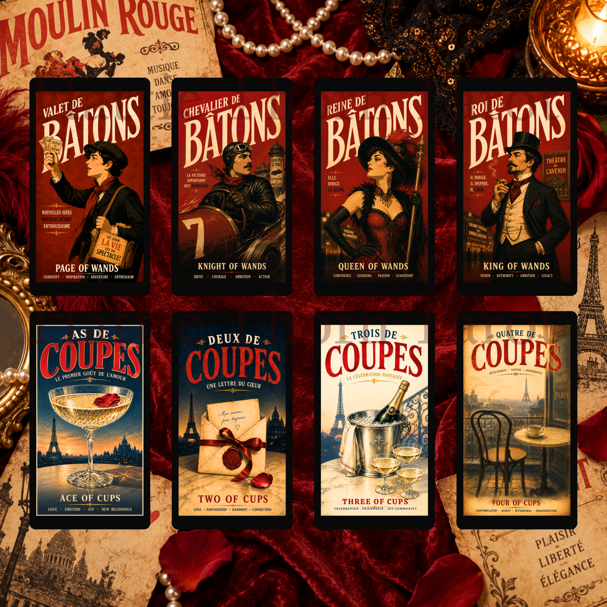 Decadence Tarot 🎭 a bold vintage Paris tarot deck of cabarets, cafés, desire & destiny, inspired by the iconic posters of 1890s Paris