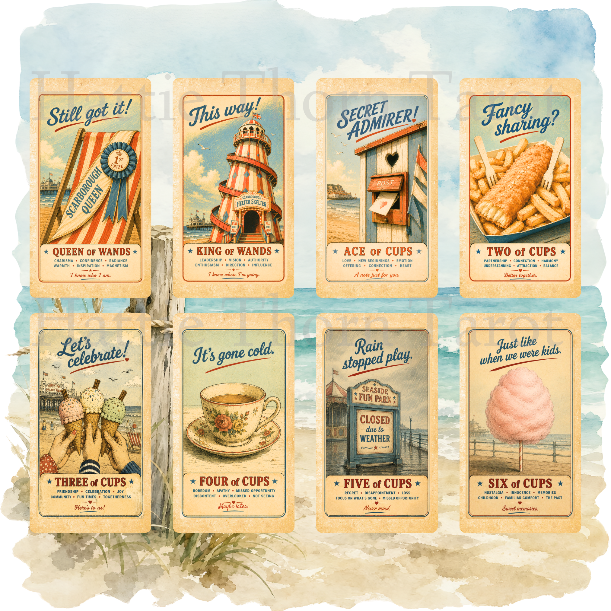Wish You Were Here? 🇬🇧 A charming British seaside tarot deck where deckchairs, donkeys, ice creams and old postcards bring the tarot to life.