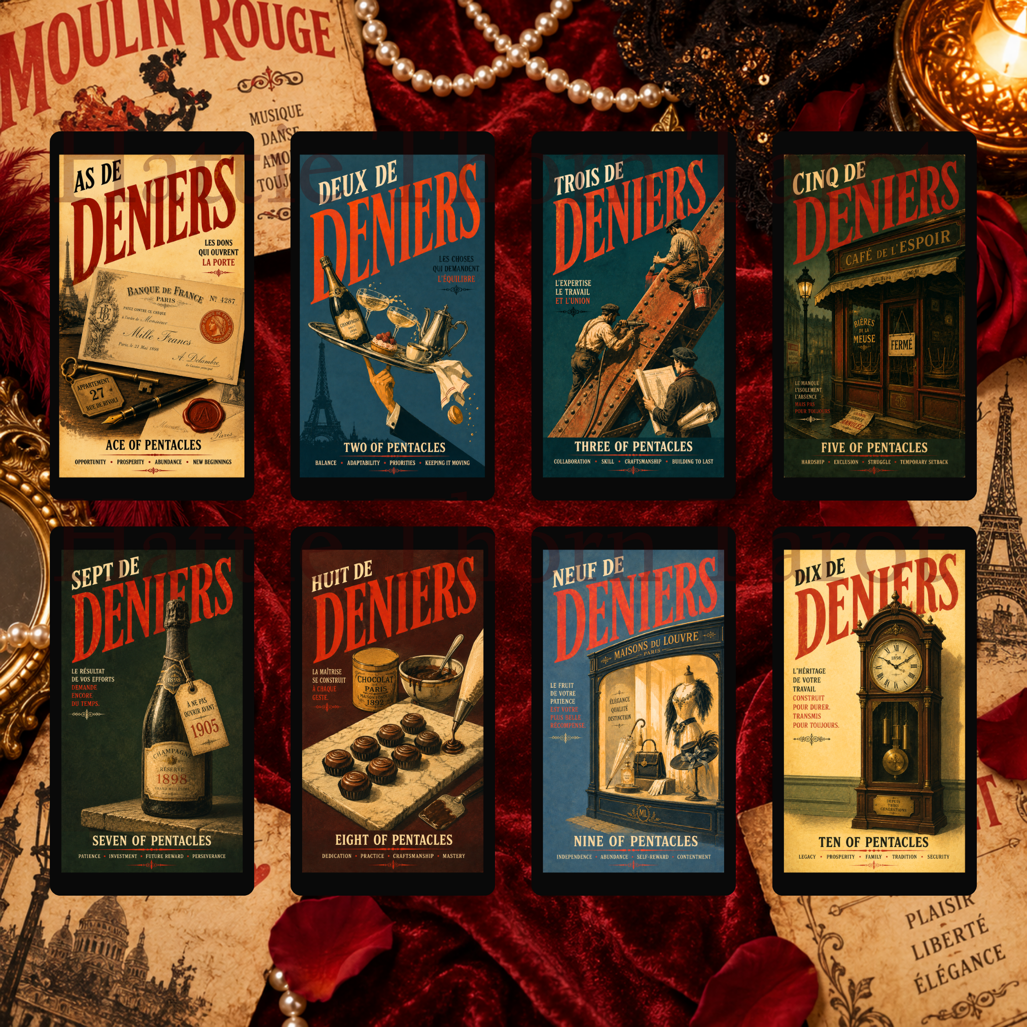 Decadence Tarot 🎭 a bold vintage Paris tarot deck of cabarets, cafés, desire & destiny, inspired by the iconic posters of 1890s Paris