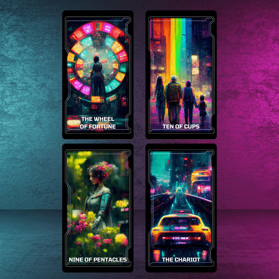 CyberTarot 🧬 Traditional tarot meets neon - soaked future in this bold cyberpunk deck. - Hattie Thorn Tarot