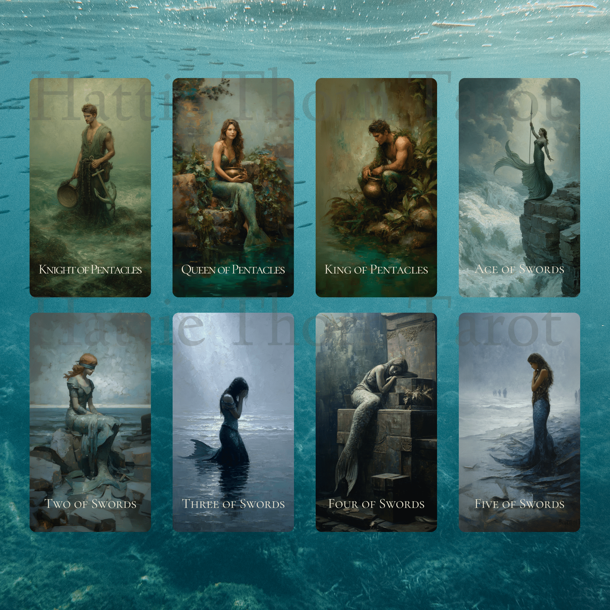 Enchanted Shores Tarot 🌊 A luminous ocean tarot deck where mermaids, sailors, and shifting tides tell the story of the heart - Hattie Thorn Tarot