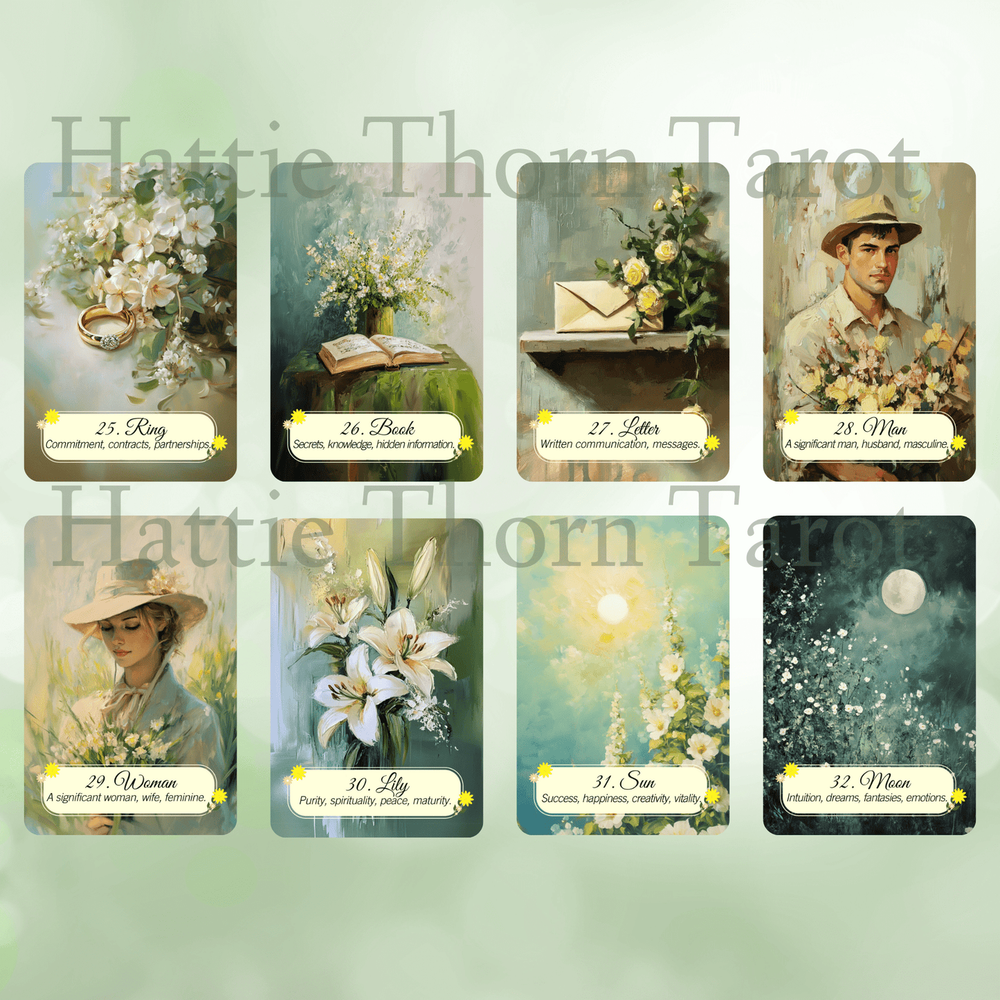 Four Seasons of Tarot – Lenormand Collection 🍃 A four - deck Lenormand set that follows the turning wheel of the year in painterly beauty - Hattie Thorn Tarot