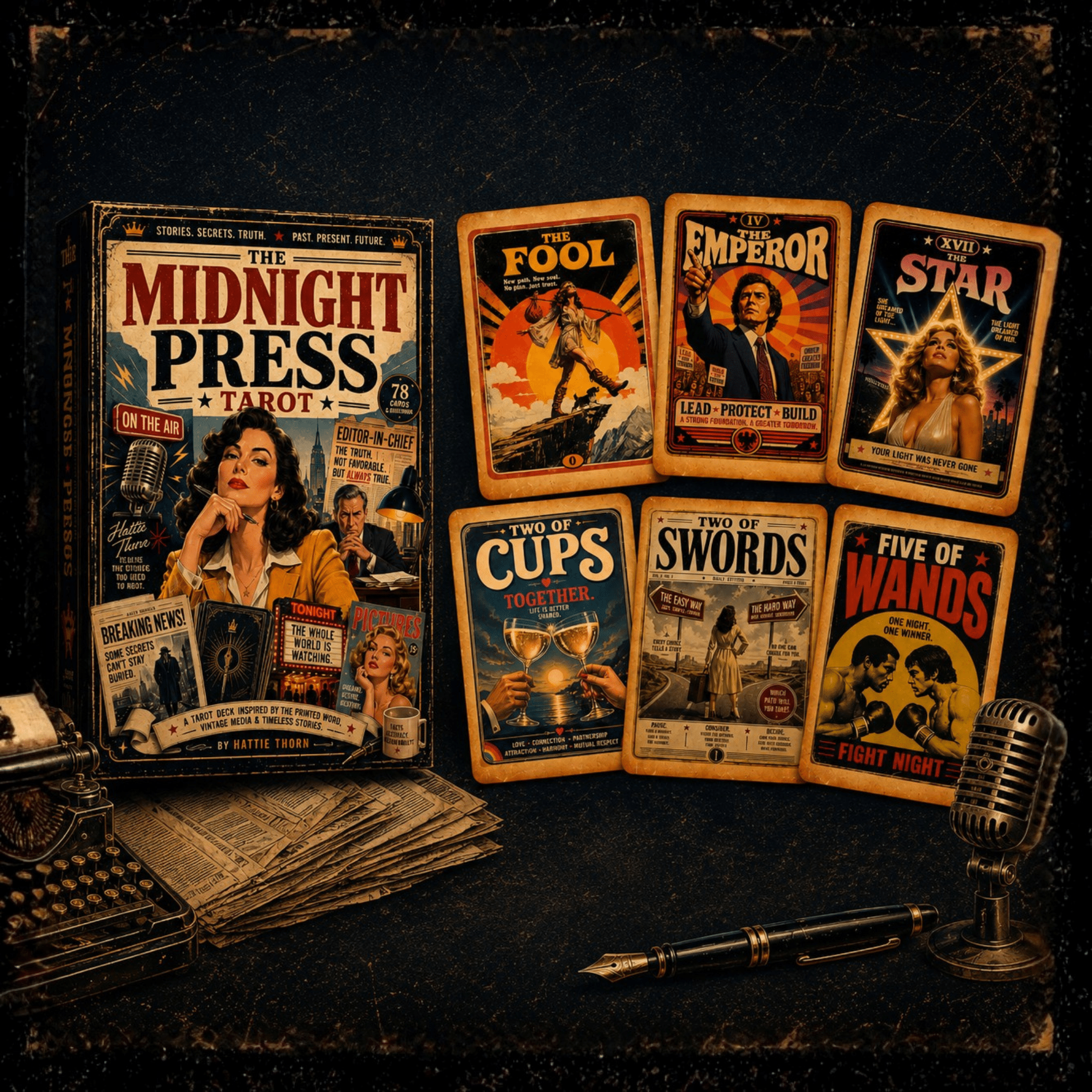 Midnight Press Tarot 🎙️ A vintage press-inspired tarot deck where newspapers, movie posters, magazines, and forgotten stories become the language of divination. - Hattie Thorn Tarot