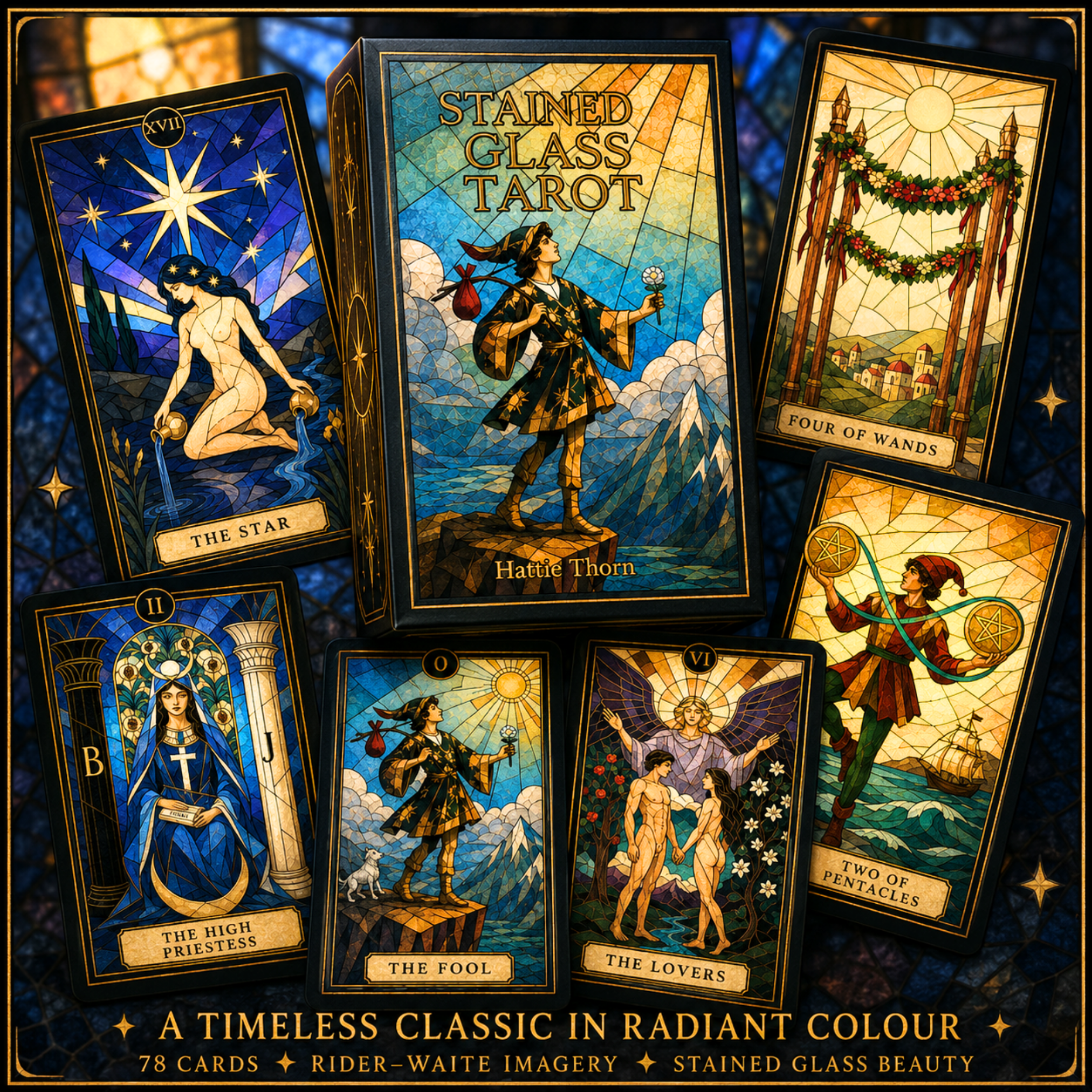 Stained Glass Tarot 💙 Timeless symbolism. Radiant colour. Traditional tarot, illuminated. - Hattie Thorn Tarot