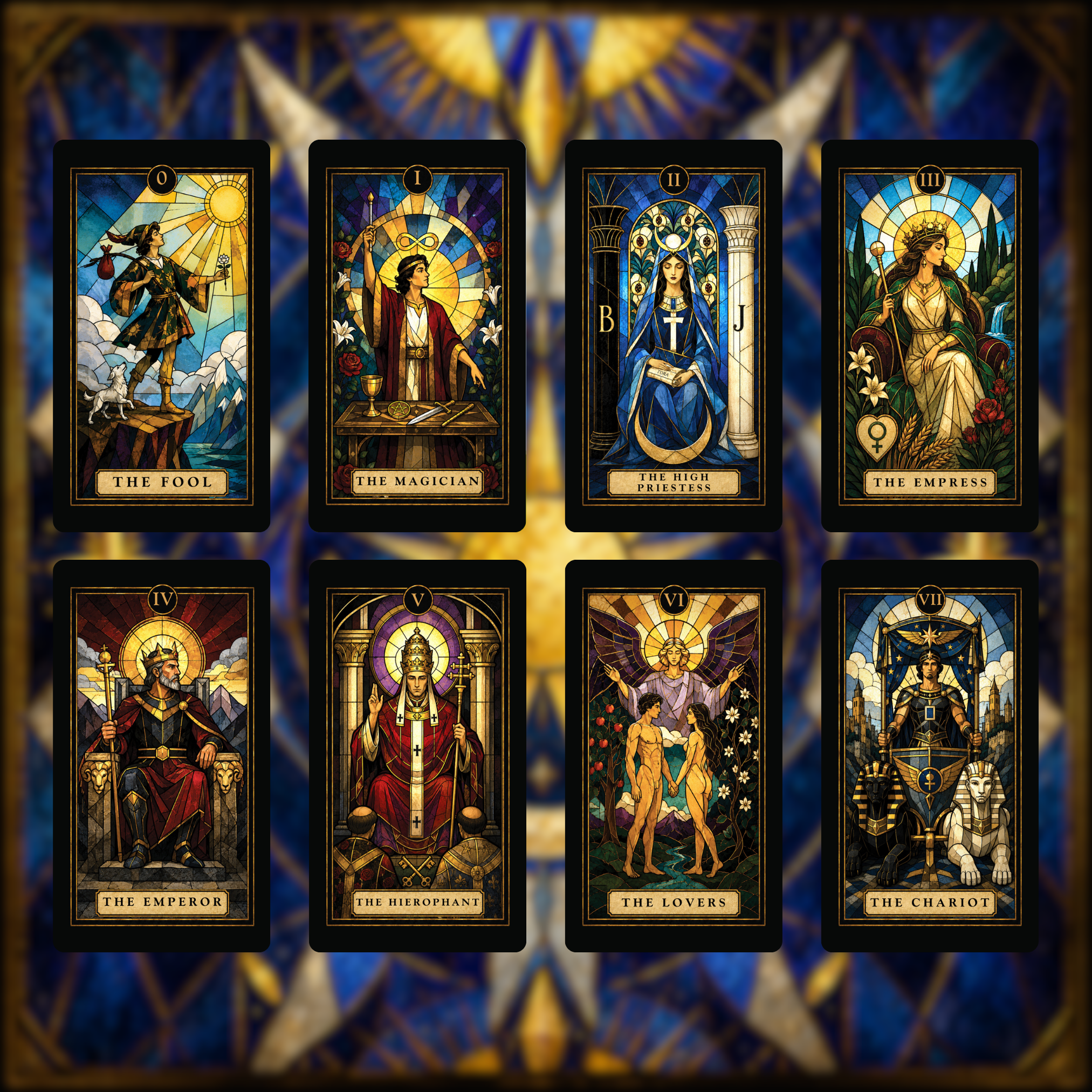Stained Glass Tarot 💙 Timeless symbolism. Radiant colour. Traditional tarot, illuminated. - Hattie Thorn Tarot