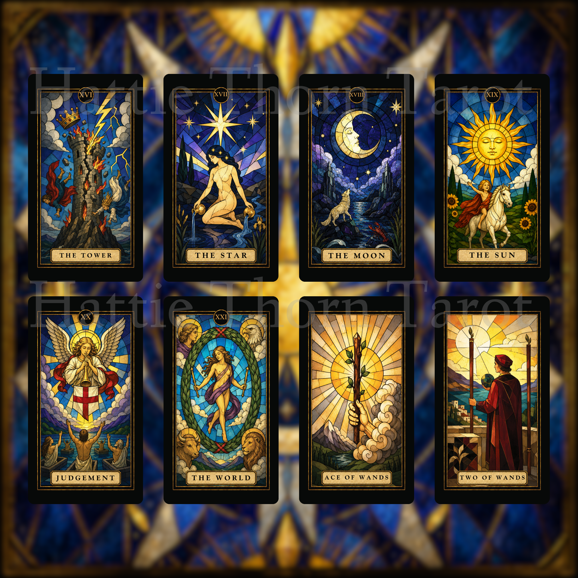 Stained Glass Tarot 💙 Timeless symbolism. Radiant colour. Traditional tarot, illuminated. - Hattie Thorn Tarot