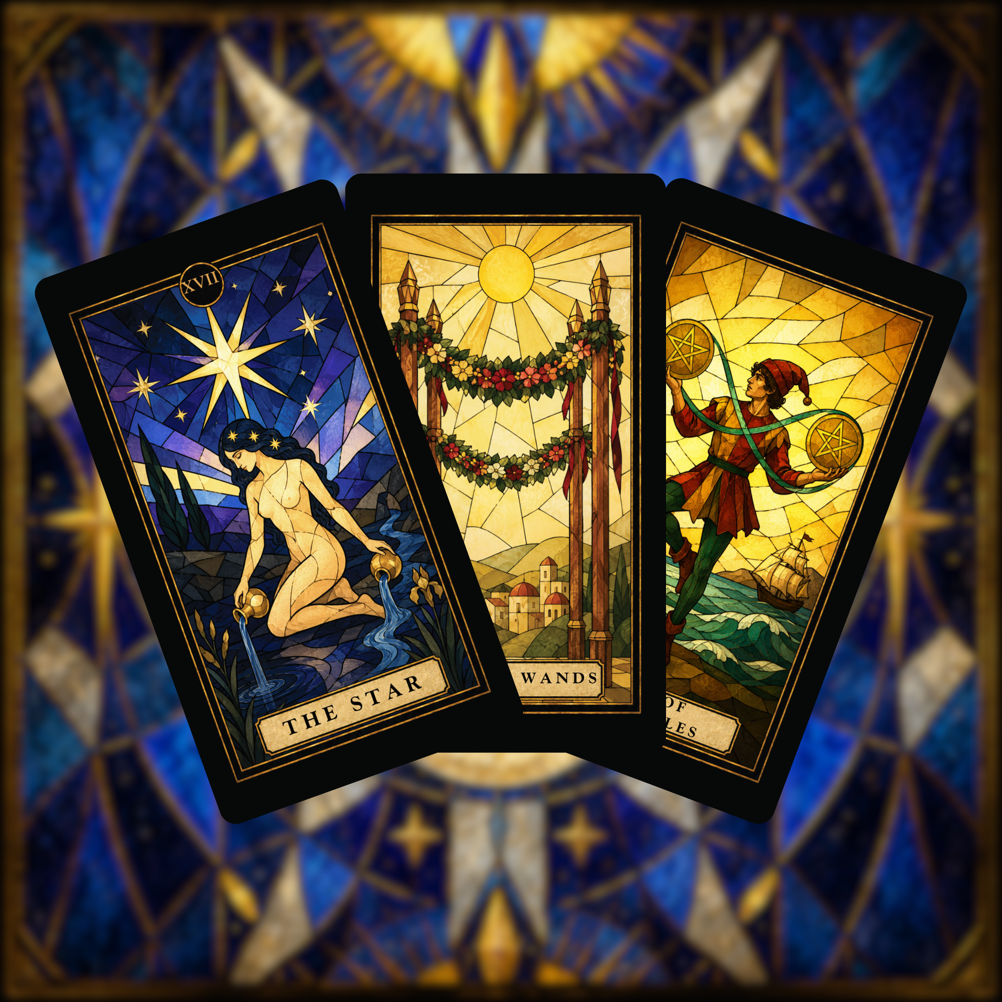 Stained Glass Tarot 💙 Timeless symbolism. Radiant colour. Traditional tarot, illuminated. - Hattie Thorn Tarot