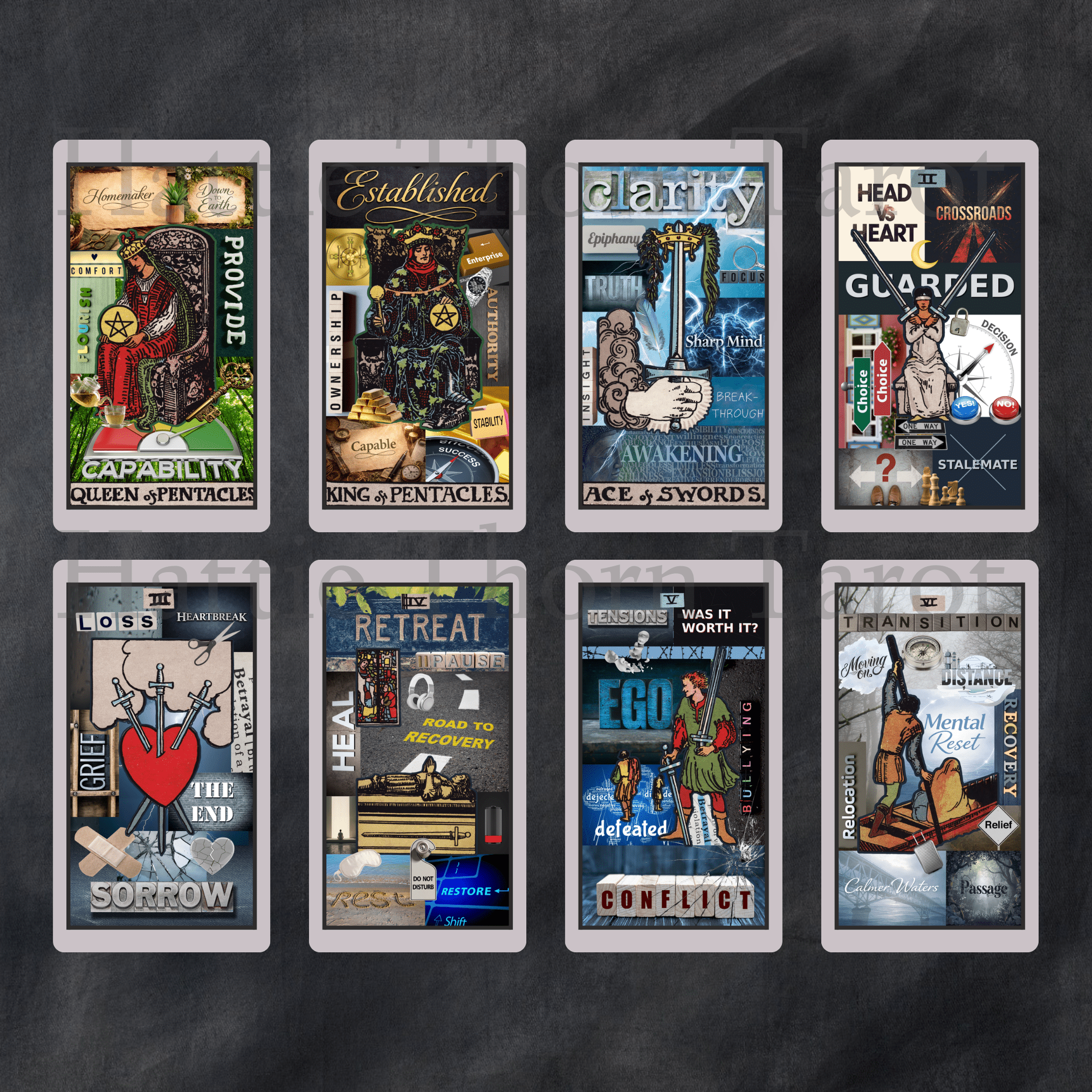 Straight Talking Tarot 🔥 ♦ A bold collage tarot that tells the truth, whether you asked nicely or not. - Hattie Thorn Tarot