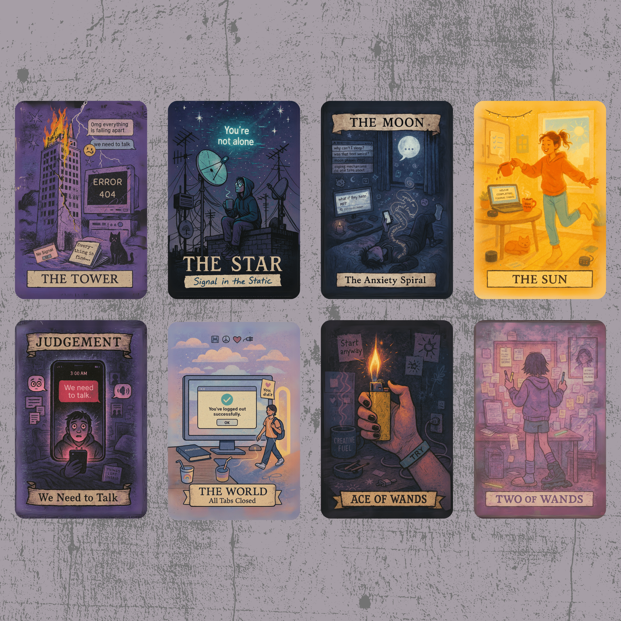 The Everyday Apocalypse Tarot 🔥 no fluff, no filters, just clarity served with a side of emotional whiplash, cracked screens, and burnt toast. - Hattie Thorn Tarot