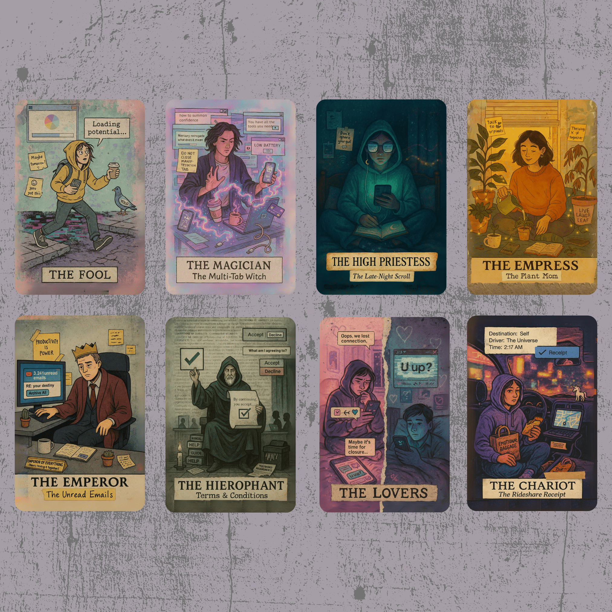 The Everyday Apocalypse Tarot 🔥 no fluff, no filters, just clarity served with a side of emotional whiplash, cracked screens, and burnt toast. - Hattie Thorn Tarot