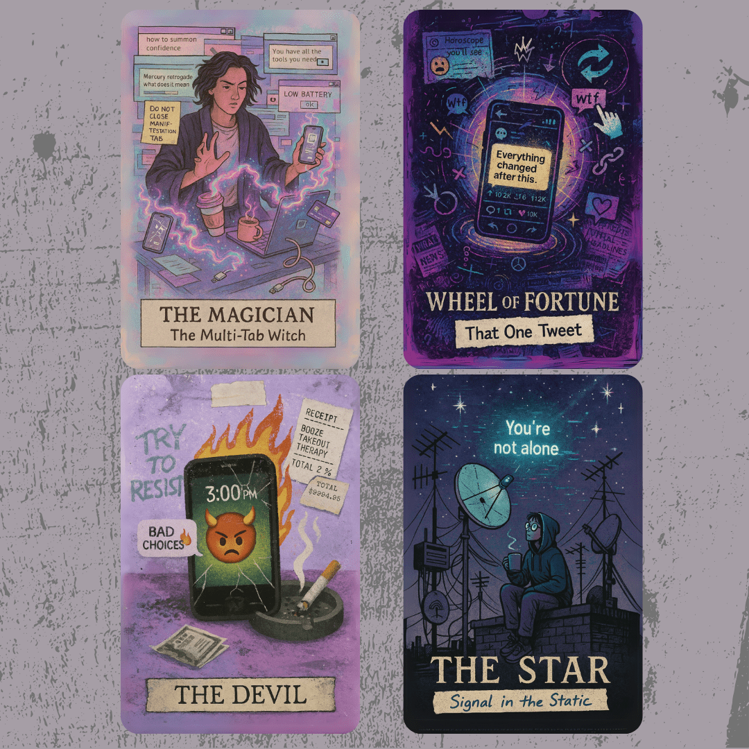 The Everyday Apocalypse Tarot 🔥 no fluff, no filters, just clarity served with a side of emotional whiplash, cracked screens, and burnt toast. - Hattie Thorn Tarot