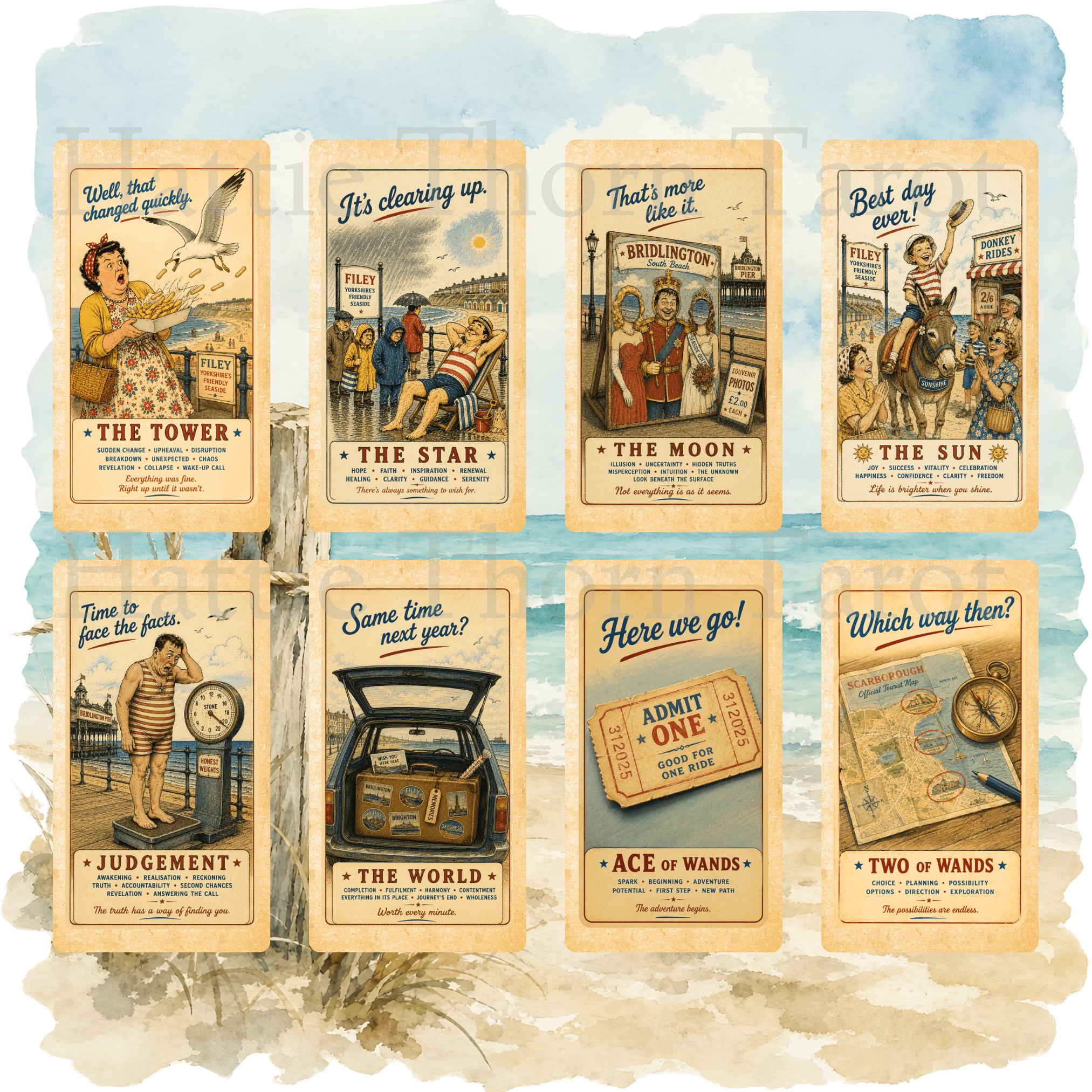 Wish You Were Here? 🇬🇧 A charming British seaside tarot deck where deckchairs, donkeys, ice creams and old postcards bring the tarot to life. - Hattie Thorn Tarot