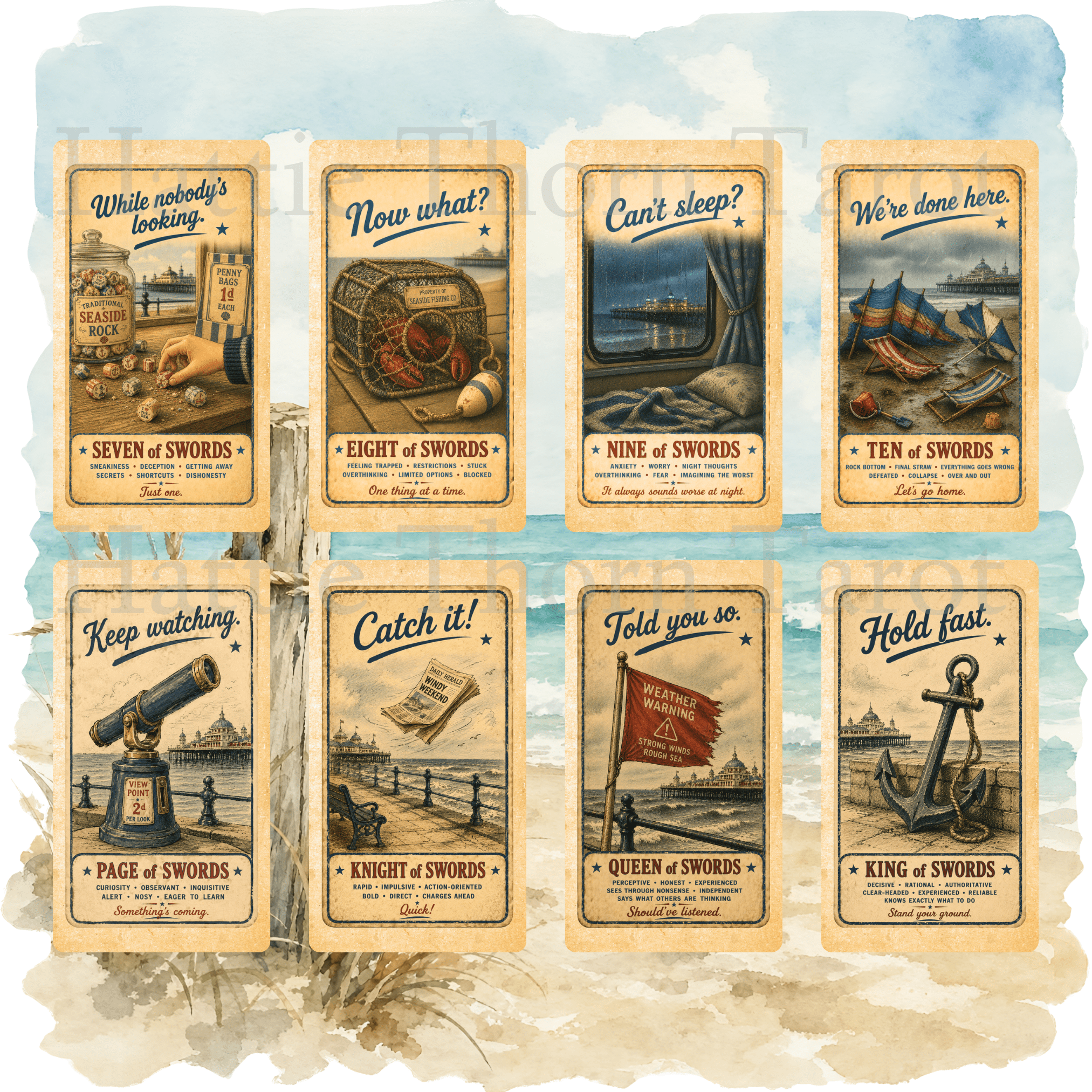 Wish You Were Here? 🇬🇧 A charming British seaside tarot deck where deckchairs, donkeys, ice creams and old postcards bring the tarot to life. - Hattie Thorn Tarot