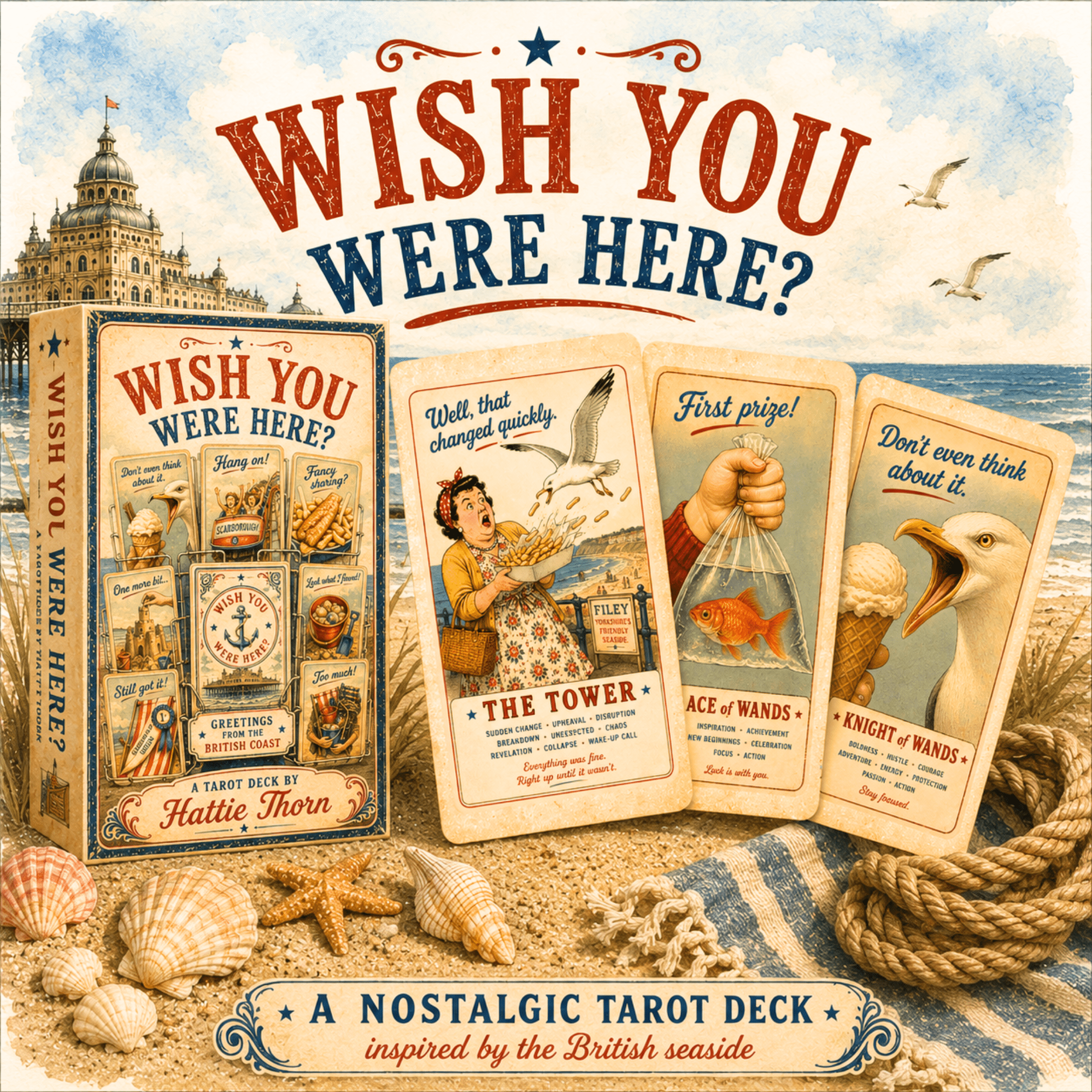 Wish You Were Here? 🇬🇧 A charming British seaside tarot deck where deckchairs, donkeys, ice creams and old postcards bring the tarot to life. - Hattie Thorn Tarot