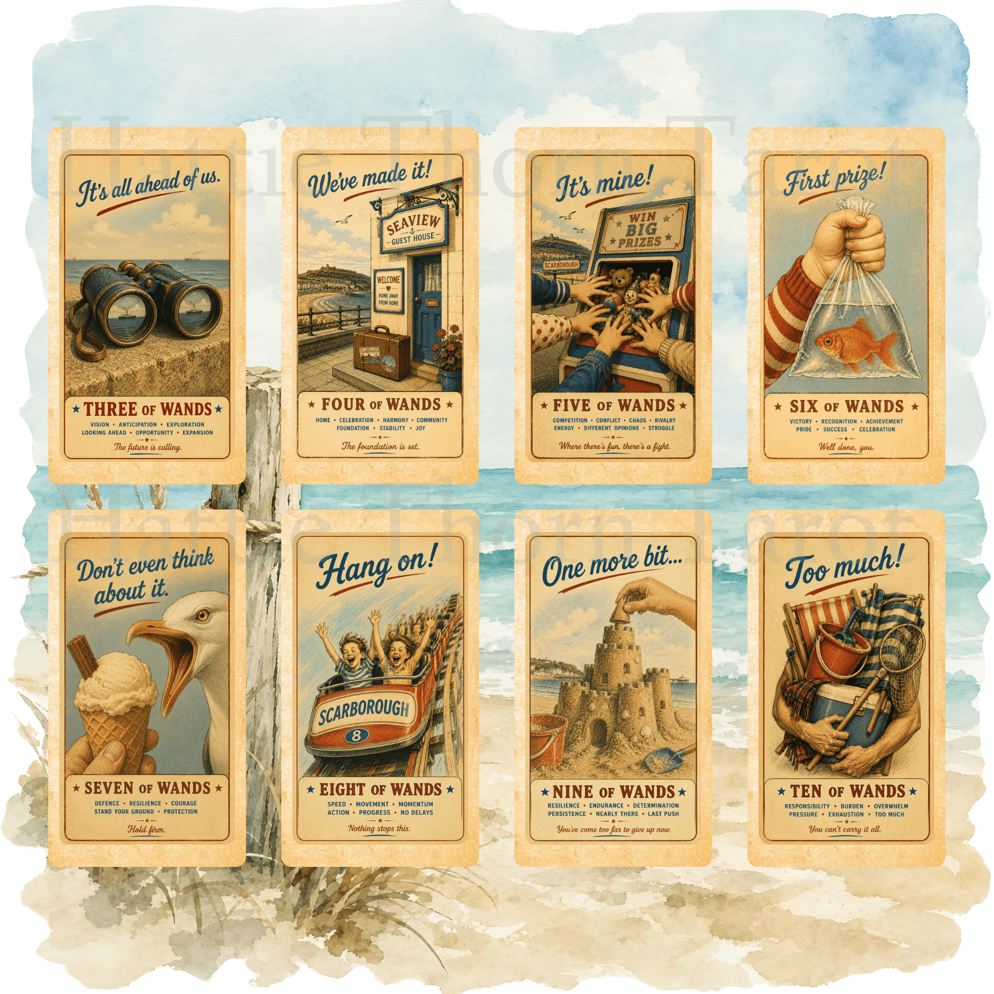 Wish You Were Here? 🇬🇧 A charming British seaside tarot deck where deckchairs, donkeys, ice creams and old postcards bring the tarot to life. - Hattie Thorn Tarot