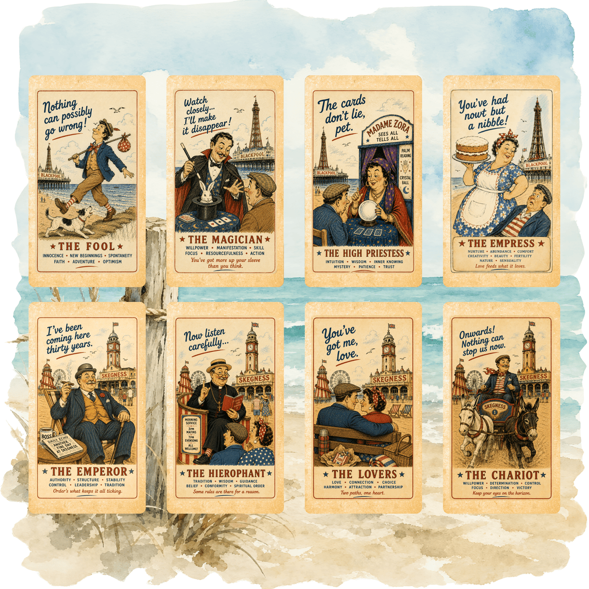 Wish You Were Here? 🇬🇧 A charming British seaside tarot deck where deckchairs, donkeys, ice creams and old postcards bring the tarot to life. - Hattie Thorn Tarot