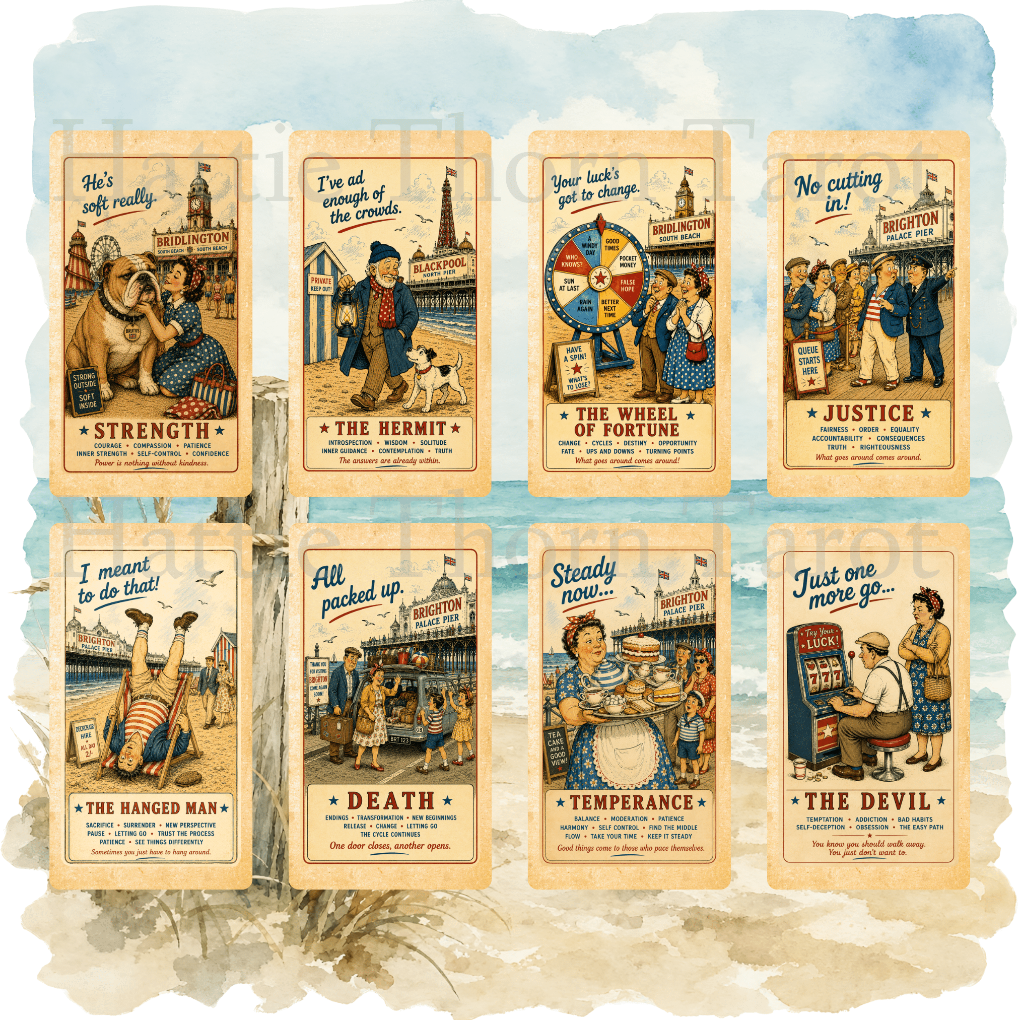 Wish You Were Here? 🇬🇧 A charming British seaside tarot deck where deckchairs, donkeys, ice creams and old postcards bring the tarot to life. - Hattie Thorn Tarot