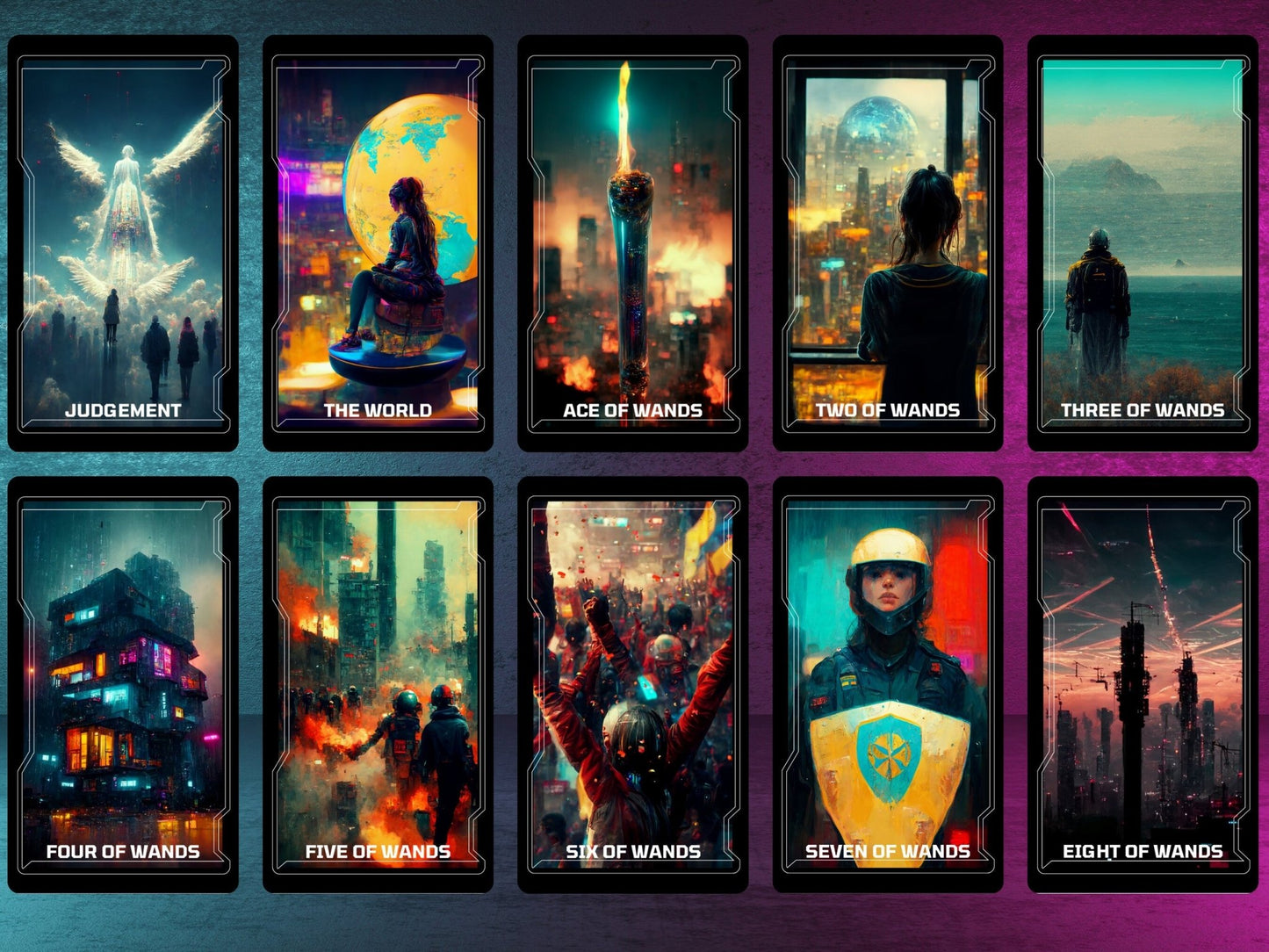 CyberTarot 🧬 Traditional tarot meets neon - soaked future in this bold cyberpunk deck. - Hattie Thorn Tarot