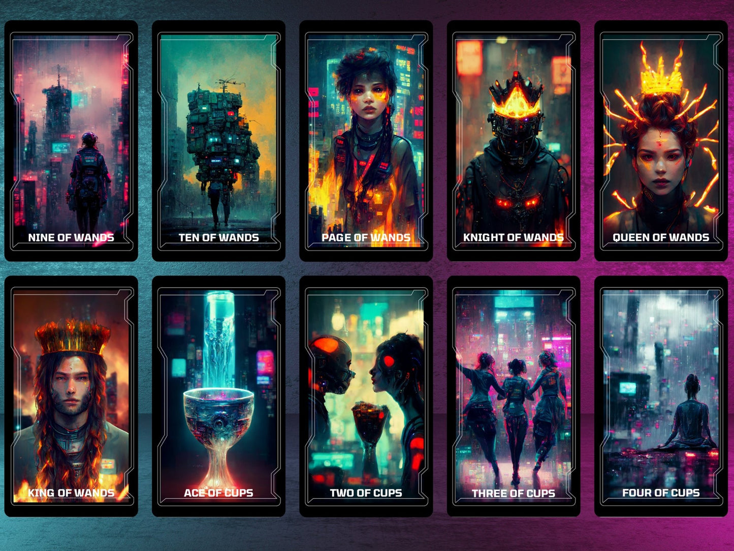 CyberTarot 🧬 Traditional tarot meets neon - soaked future in this bold cyberpunk deck. - Hattie Thorn Tarot