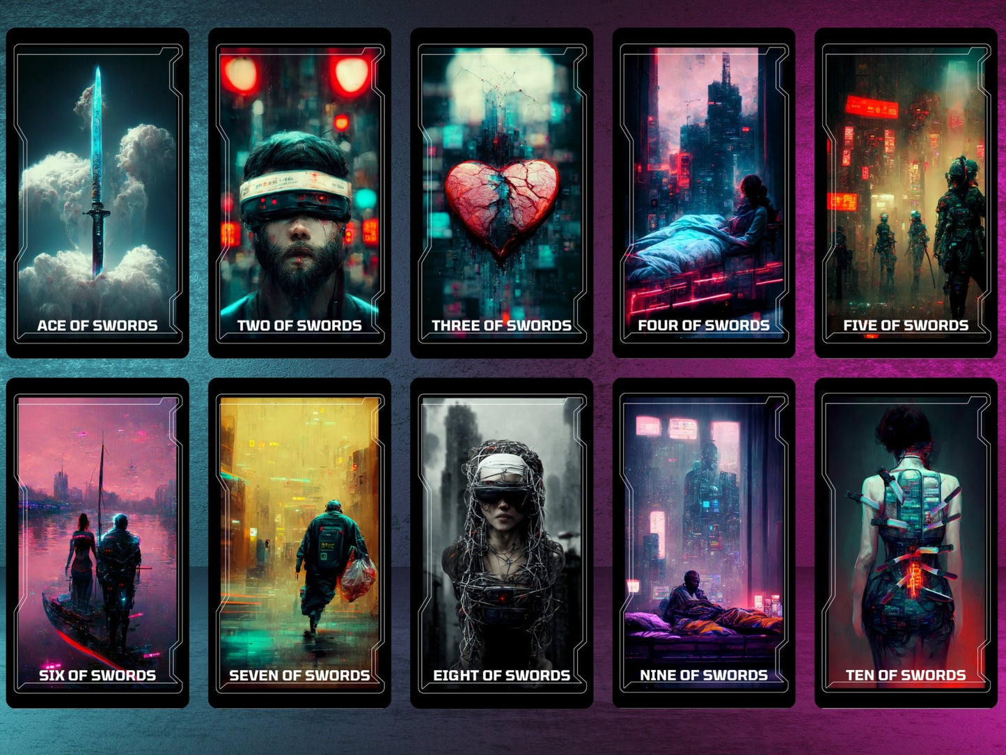 CyberTarot 🧬 Traditional tarot meets neon - soaked future in this bold cyberpunk deck. - Hattie Thorn Tarot