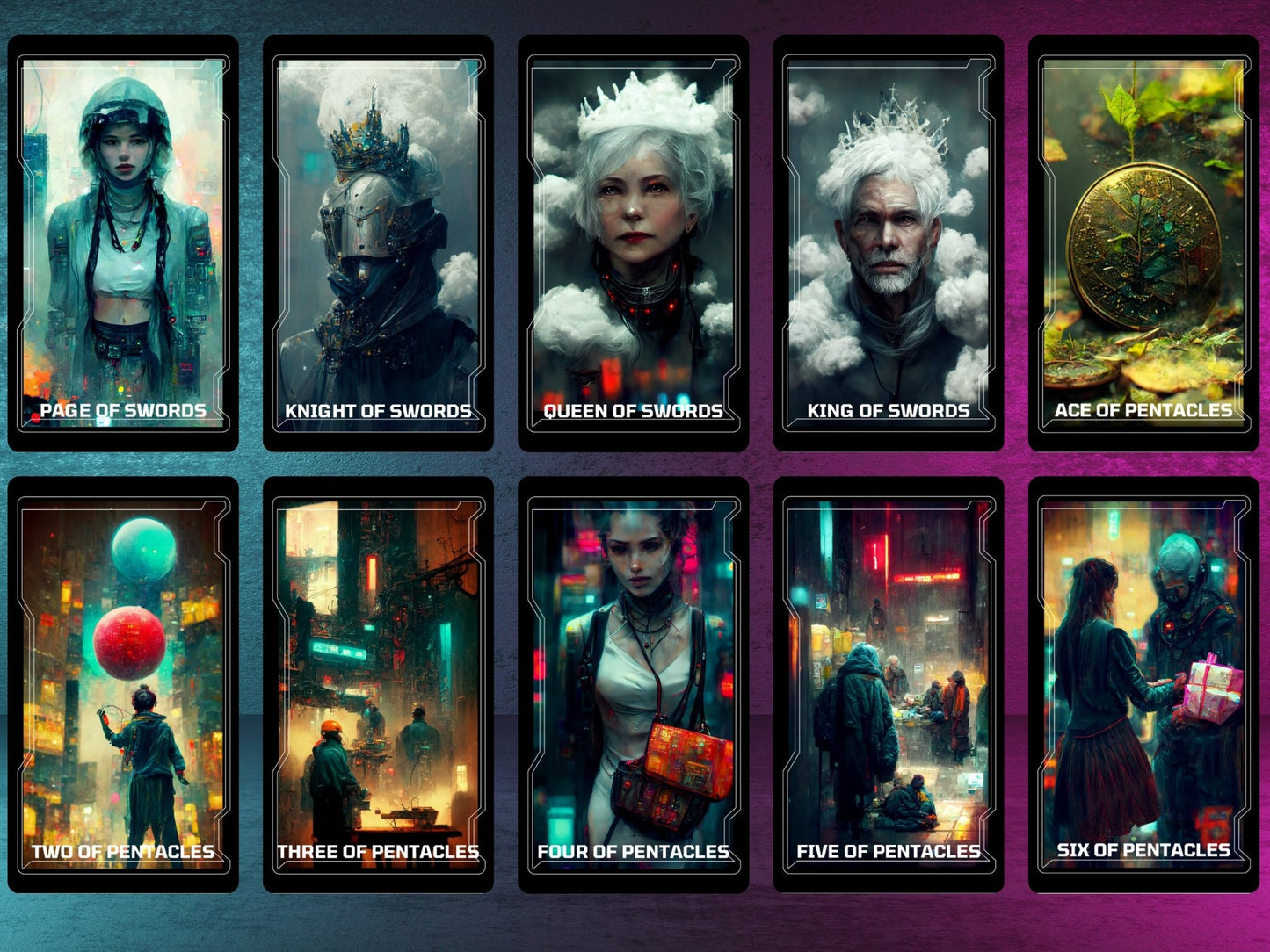 CyberTarot 🧬 Traditional tarot meets neon - soaked future in this bold cyberpunk deck. - Hattie Thorn Tarot