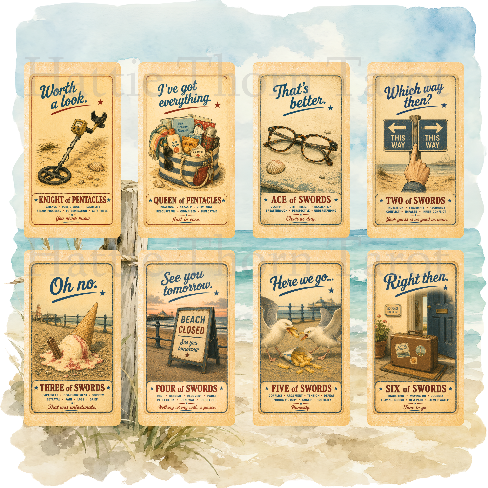 Wish You Were Here? 🇬🇧 A charming British seaside tarot deck where deckchairs, donkeys, ice creams and old postcards bring the tarot to life.
