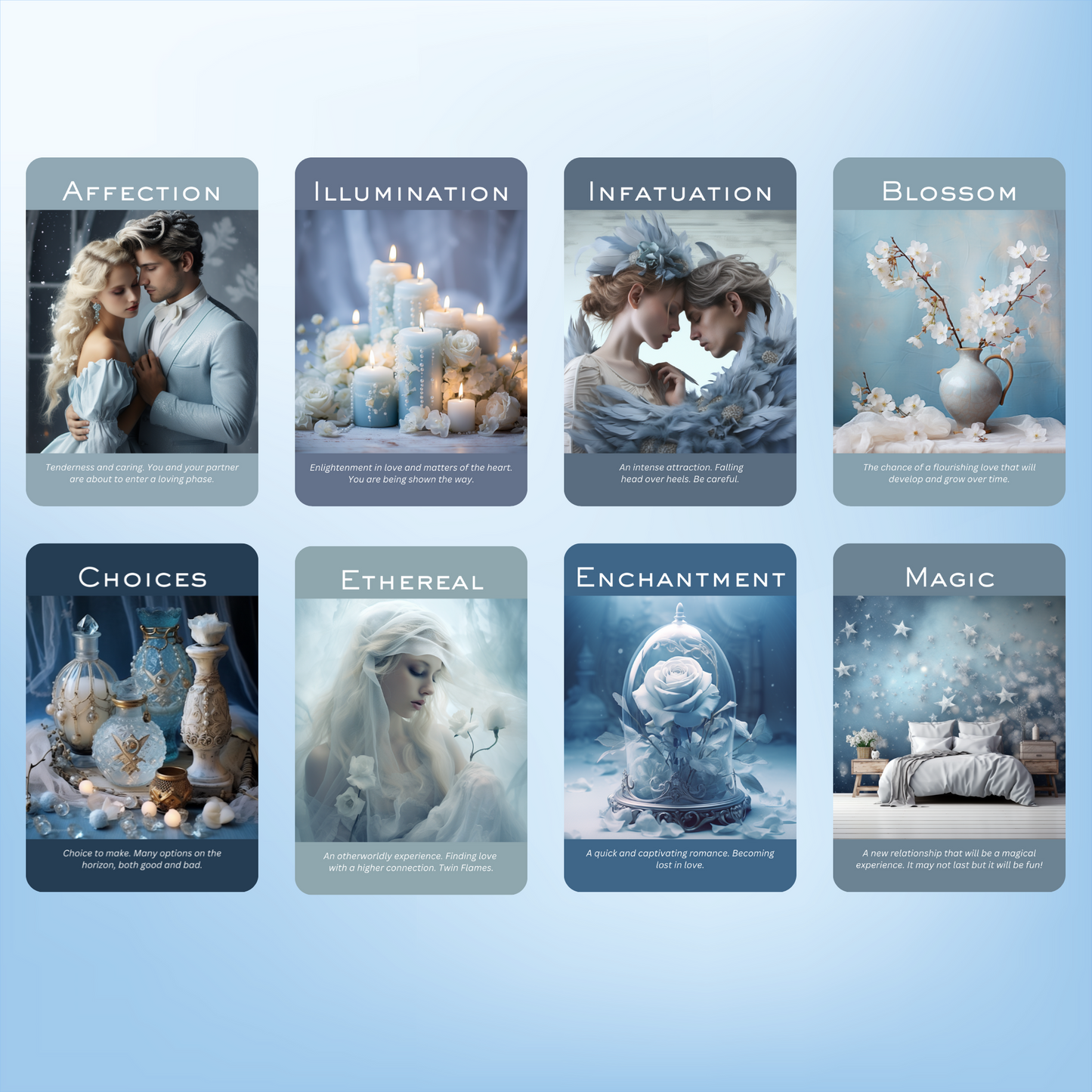 True Blue Romance and Love Oracle by Hattie Thorn 50 Card Deck Including Printed Tuck Box