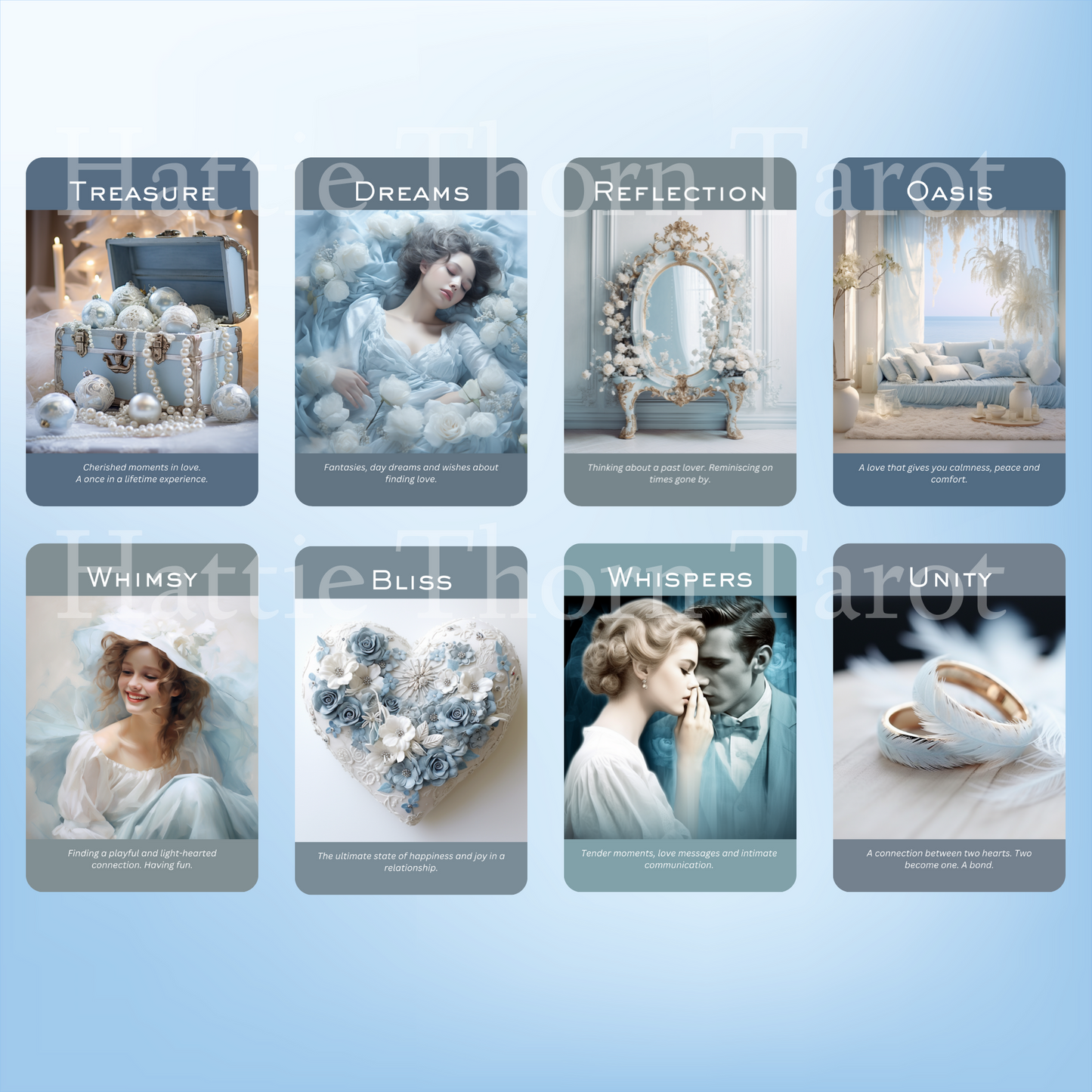 True Blue Romance and Love Oracle by Hattie Thorn 50 Card Deck Including Printed Tuck Box