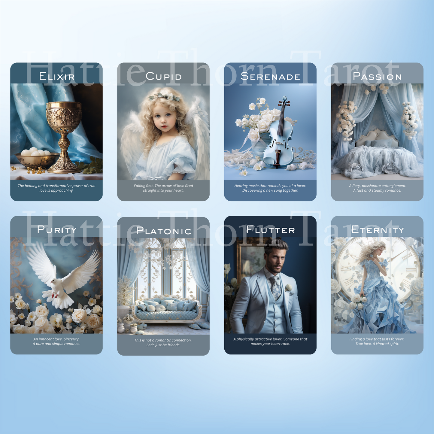 True Blue Romance and Love Oracle by Hattie Thorn 50 Card Deck Including Printed Tuck Box