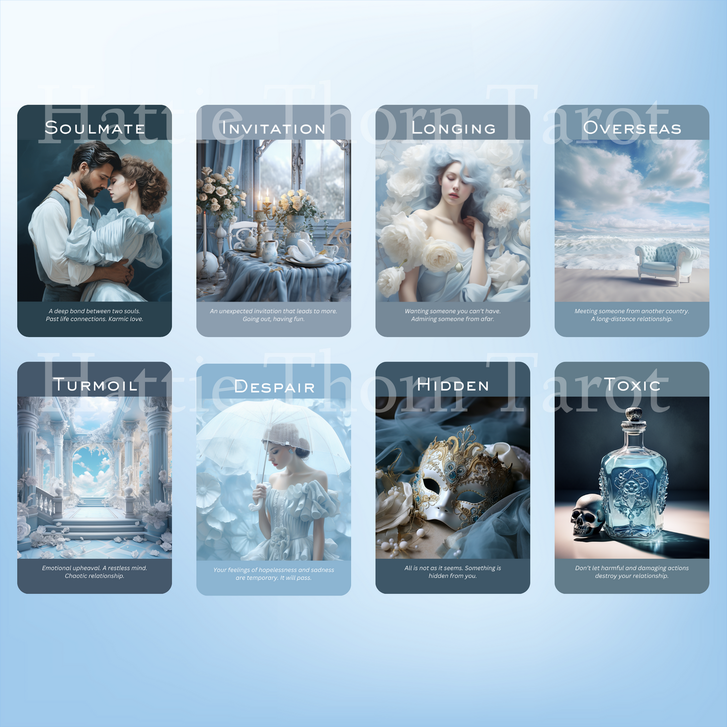 True Blue Romance and Love Oracle by Hattie Thorn 50 Card Deck Including Printed Tuck Box