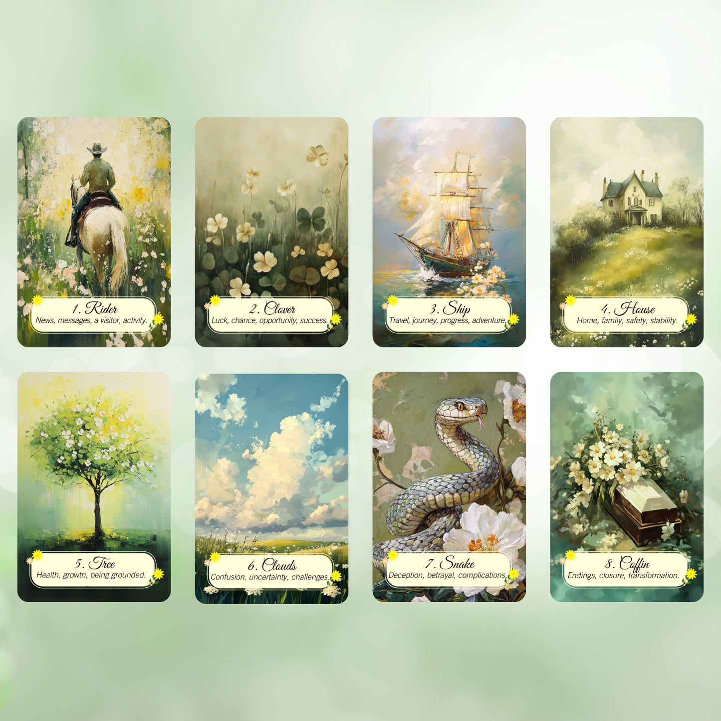 Spring Glade Lenormand by Hattie Thorn. Original Design 45 Expanded Deck including Spring Glade Tuck Box