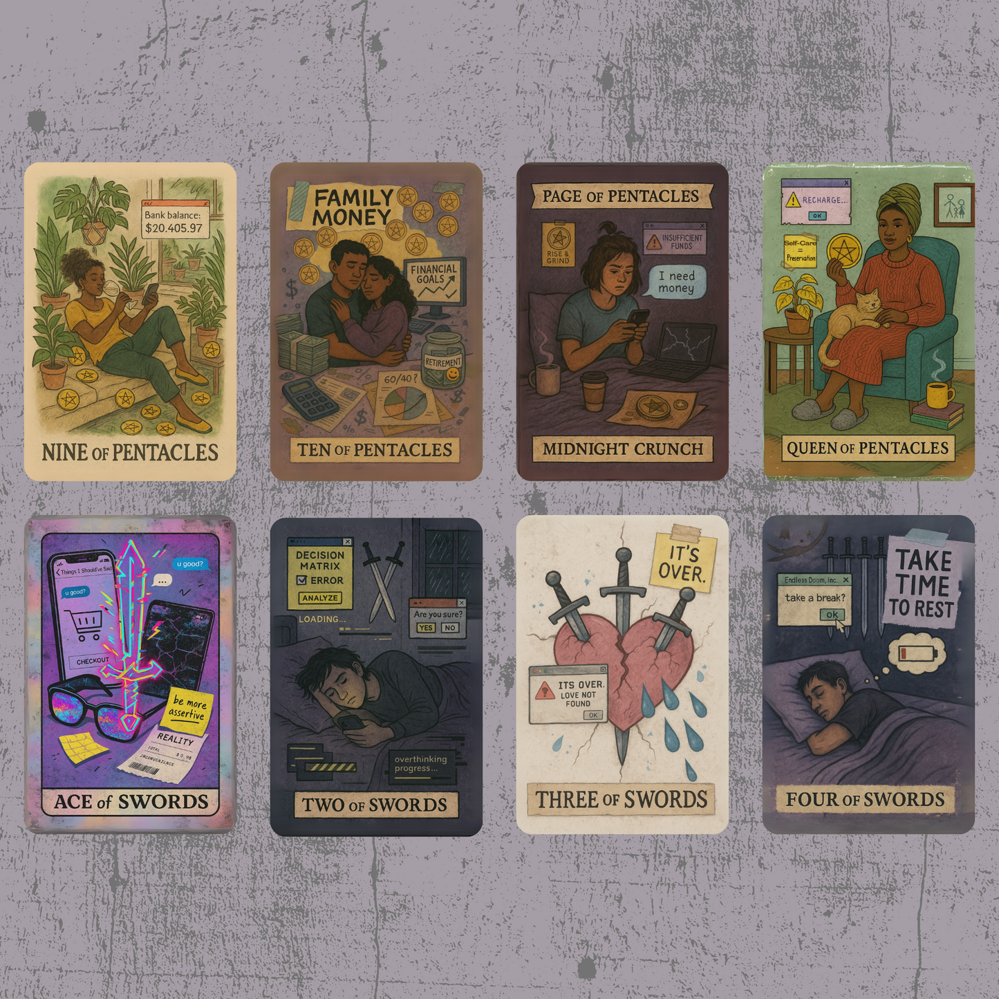 The Everyday Apocalypse Tarot 🔥 no fluff, no filters, just clarity served with a side of emotional whiplash, cracked screens, and burnt toast.