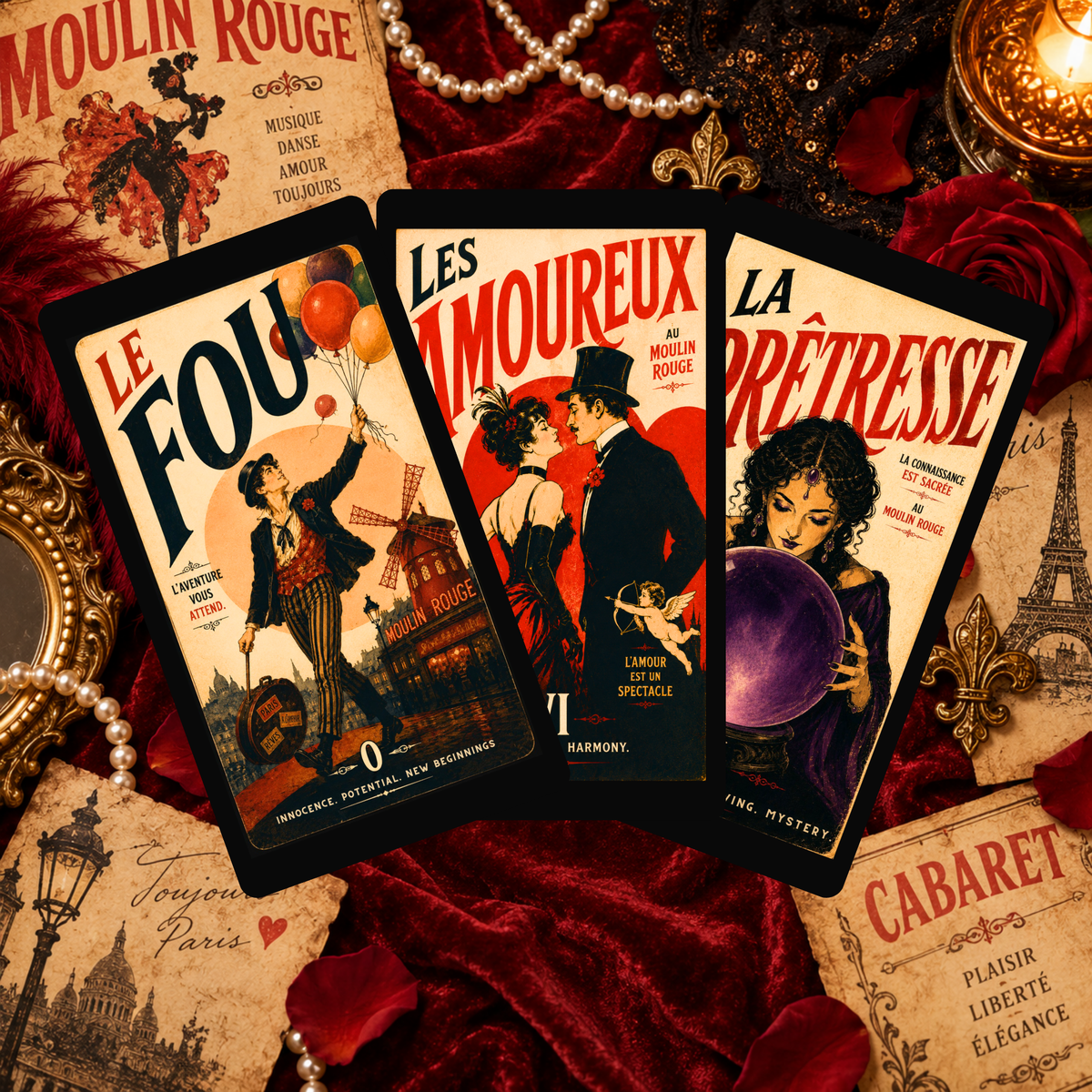 Decadence Tarot 🎭 a bold vintage Paris tarot deck of cabarets, cafés, desire & destiny, inspired by the iconic posters of 1890s Paris