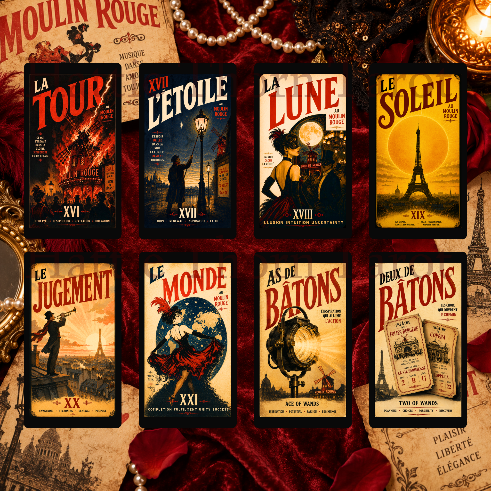 Decadence Tarot 🎭 a bold vintage Paris tarot deck of cabarets, cafés, desire & destiny, inspired by the iconic posters of 1890s Paris