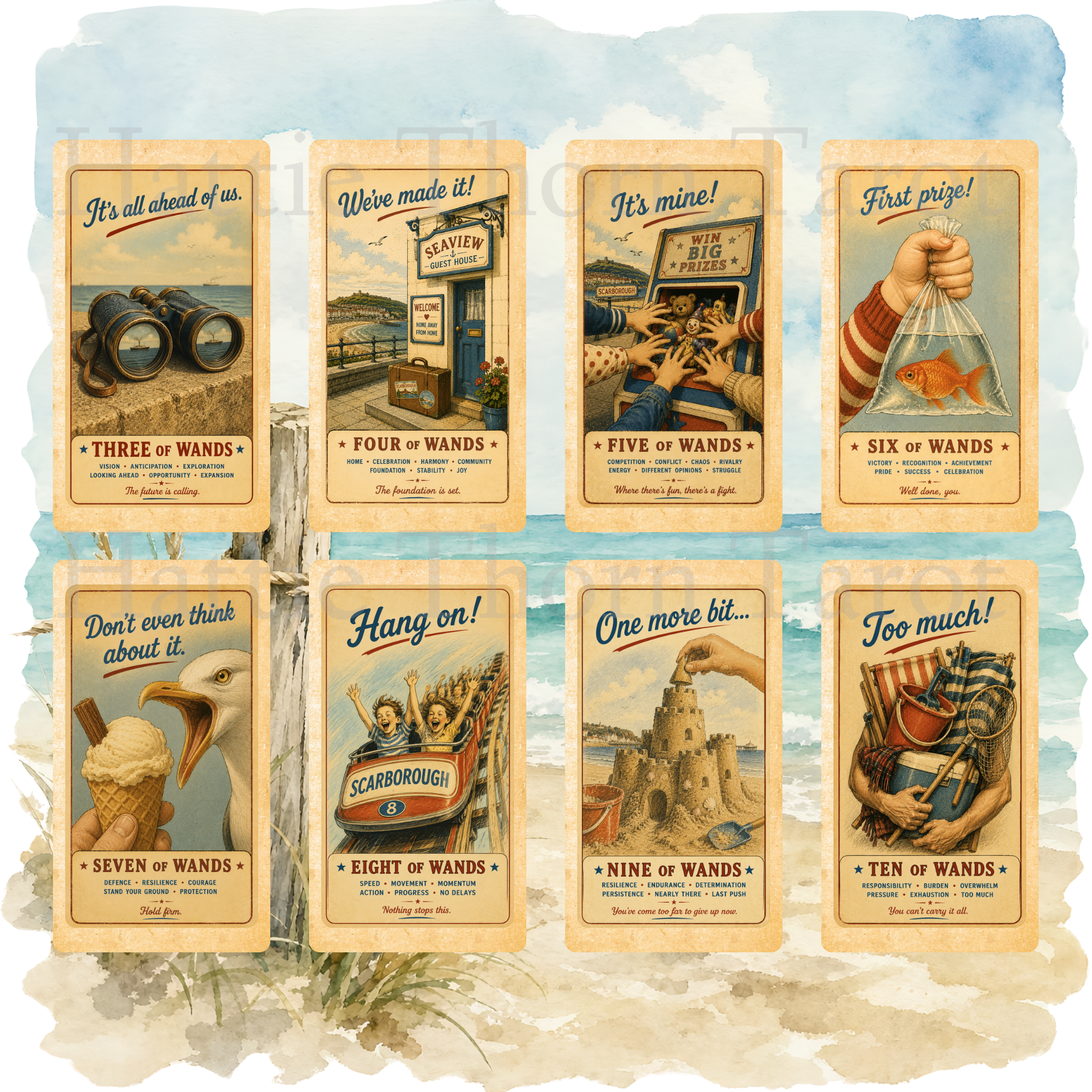 Wish You Were Here? 🇬🇧 A charming British seaside tarot deck where deckchairs, donkeys, ice creams and old postcards bring the tarot to life.