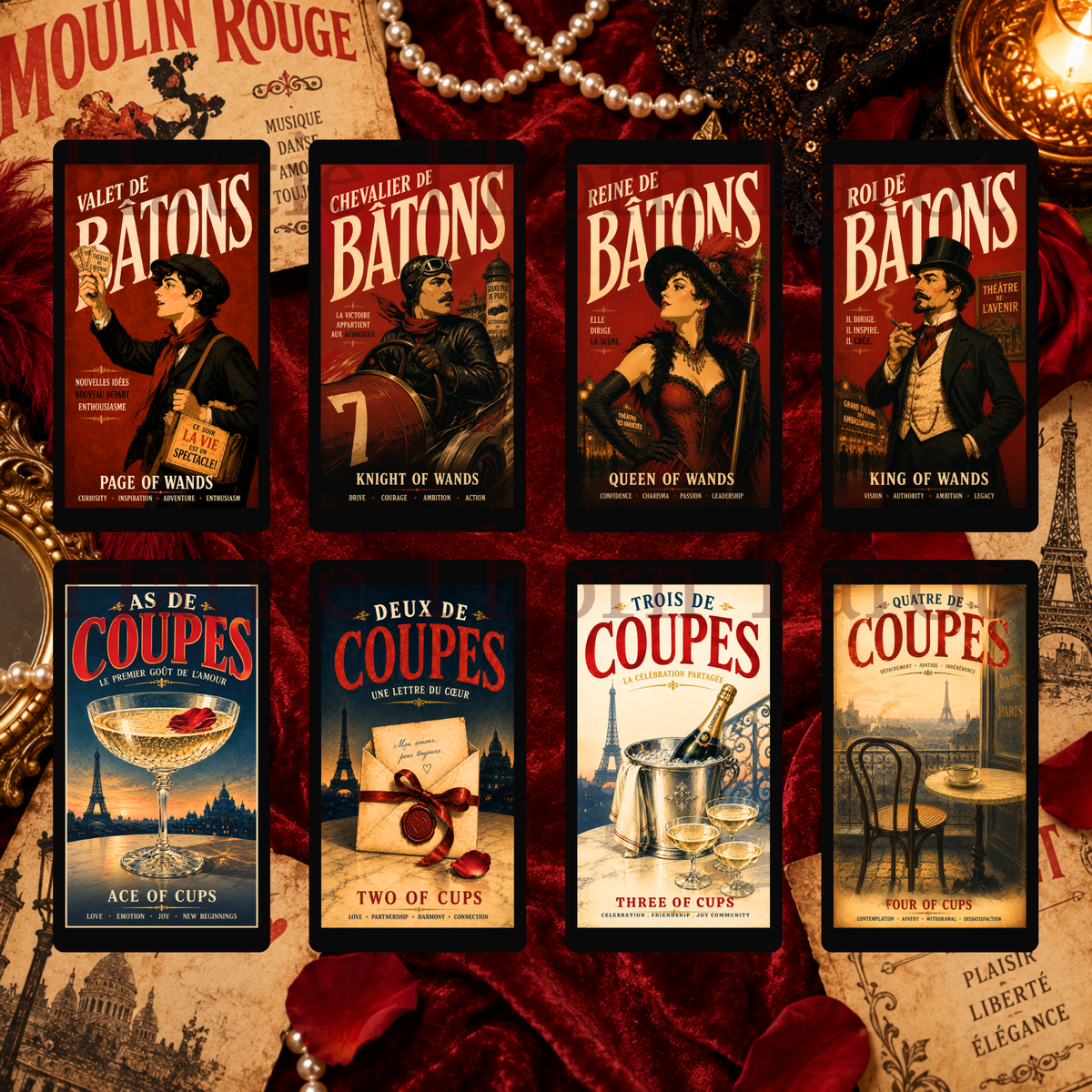 Decadence Tarot 🎭 a bold vintage Paris tarot deck of cabarets, cafés, desire & destiny, inspired by the iconic posters of 1890s Paris