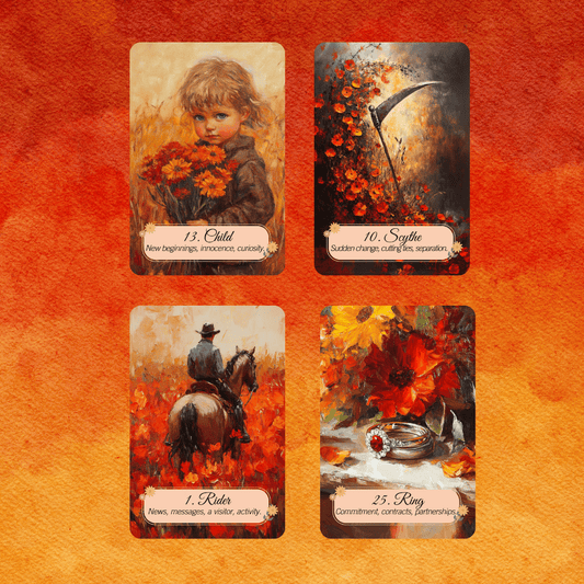 Autumn Fields Lenormand 🍂 A 45 - card extended Lenormand deck with warm autumn artwork and built - in meanings - Hattie Thorn Tarot