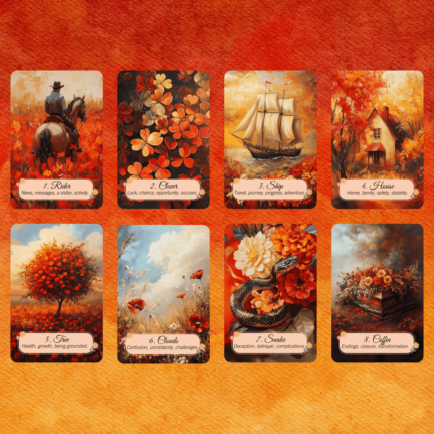 Autumn Fields Lenormand 🍂 A 45 - card extended Lenormand deck with warm autumn artwork and built - in meanings - Hattie Thorn Tarot