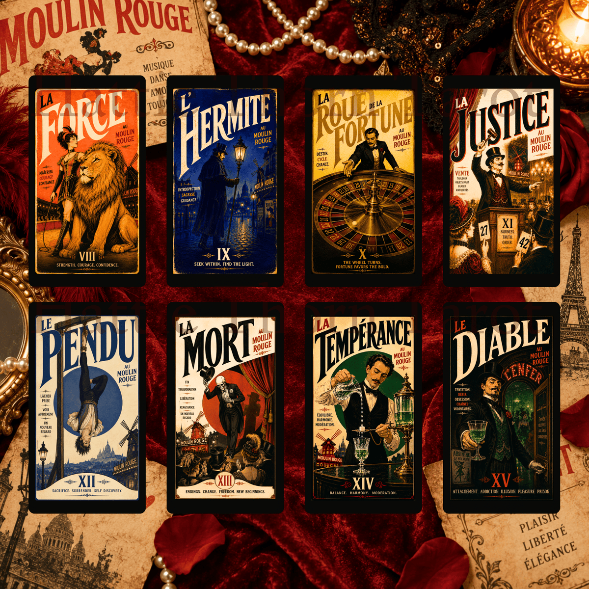 Decadence Tarot 🎭 a bold vintage Paris tarot deck of cabarets, cafés, desire & destiny, inspired by the iconic posters of 1890s Paris - Hattie Thorn Tarot