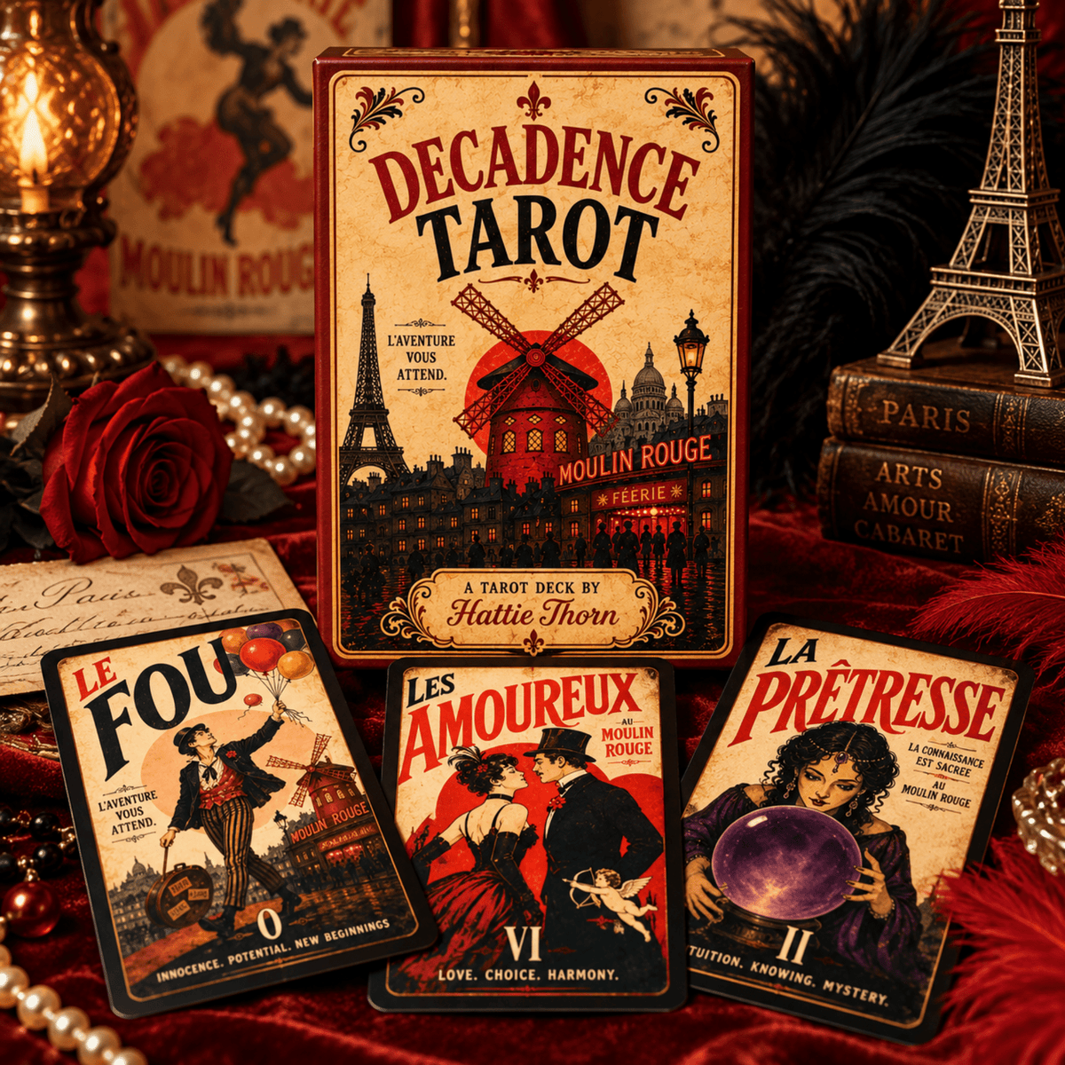 Decadence Tarot 🎭 a bold vintage Paris tarot deck of cabarets, cafés, desire & destiny, inspired by the iconic posters of 1890s Paris - Hattie Thorn Tarot
