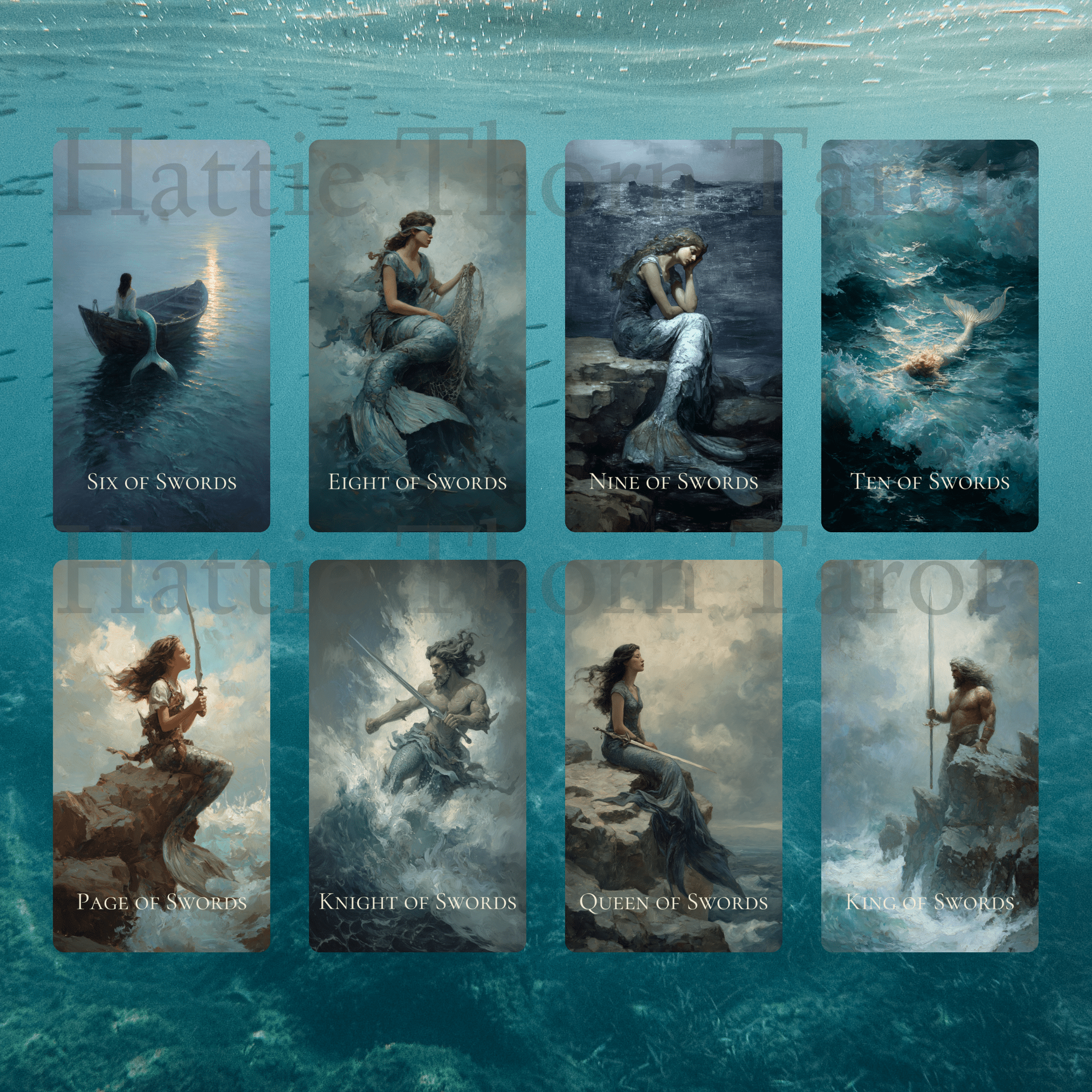Enchanted Shores Tarot 🌊 A luminous ocean tarot deck where mermaids, sailors, and shifting tides tell the story of the heart - Hattie Thorn Tarot