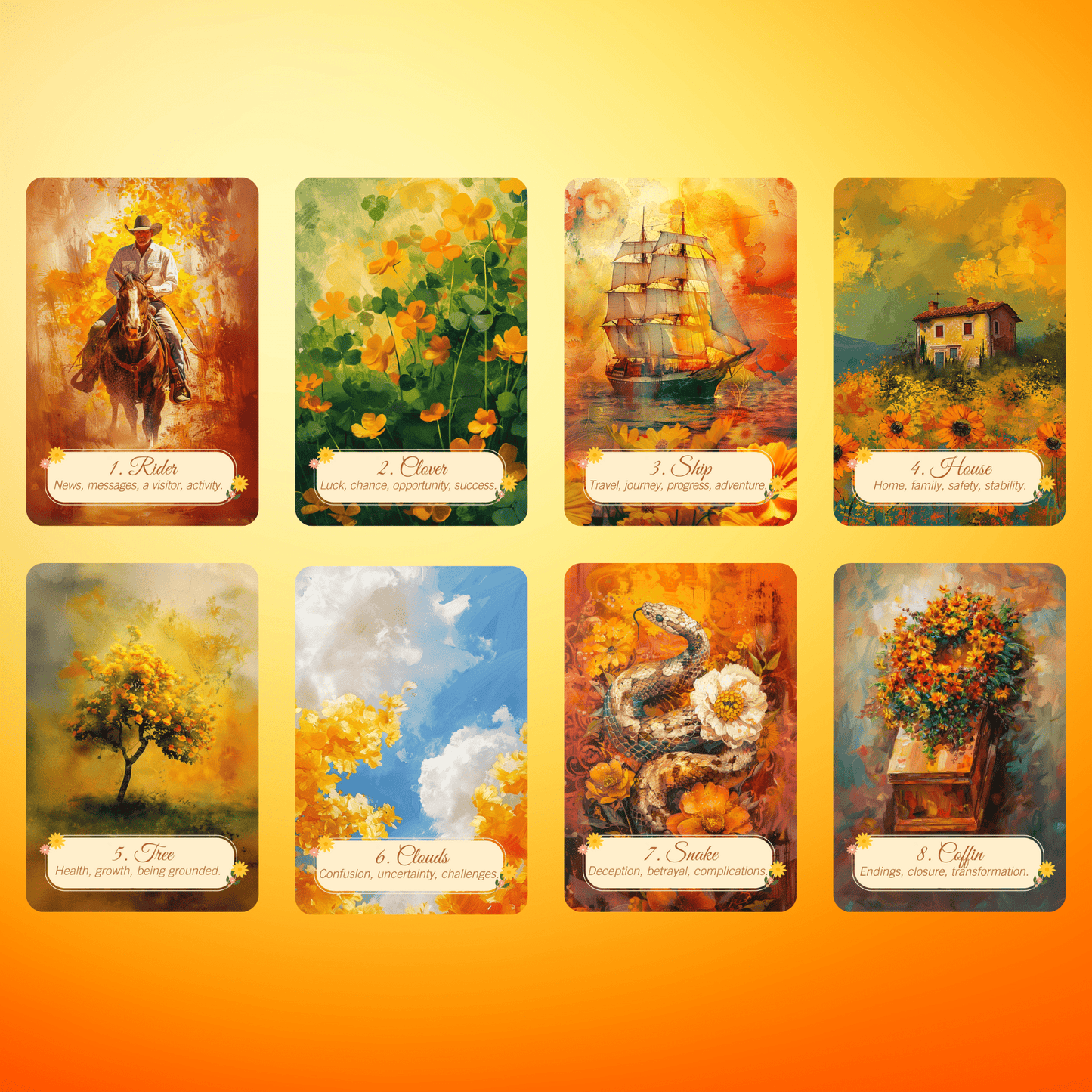 Four Seasons of Tarot – Lenormand Collection 🍃 A four - deck Lenormand set that follows the turning wheel of the year in painterly beauty - Hattie Thorn Tarot