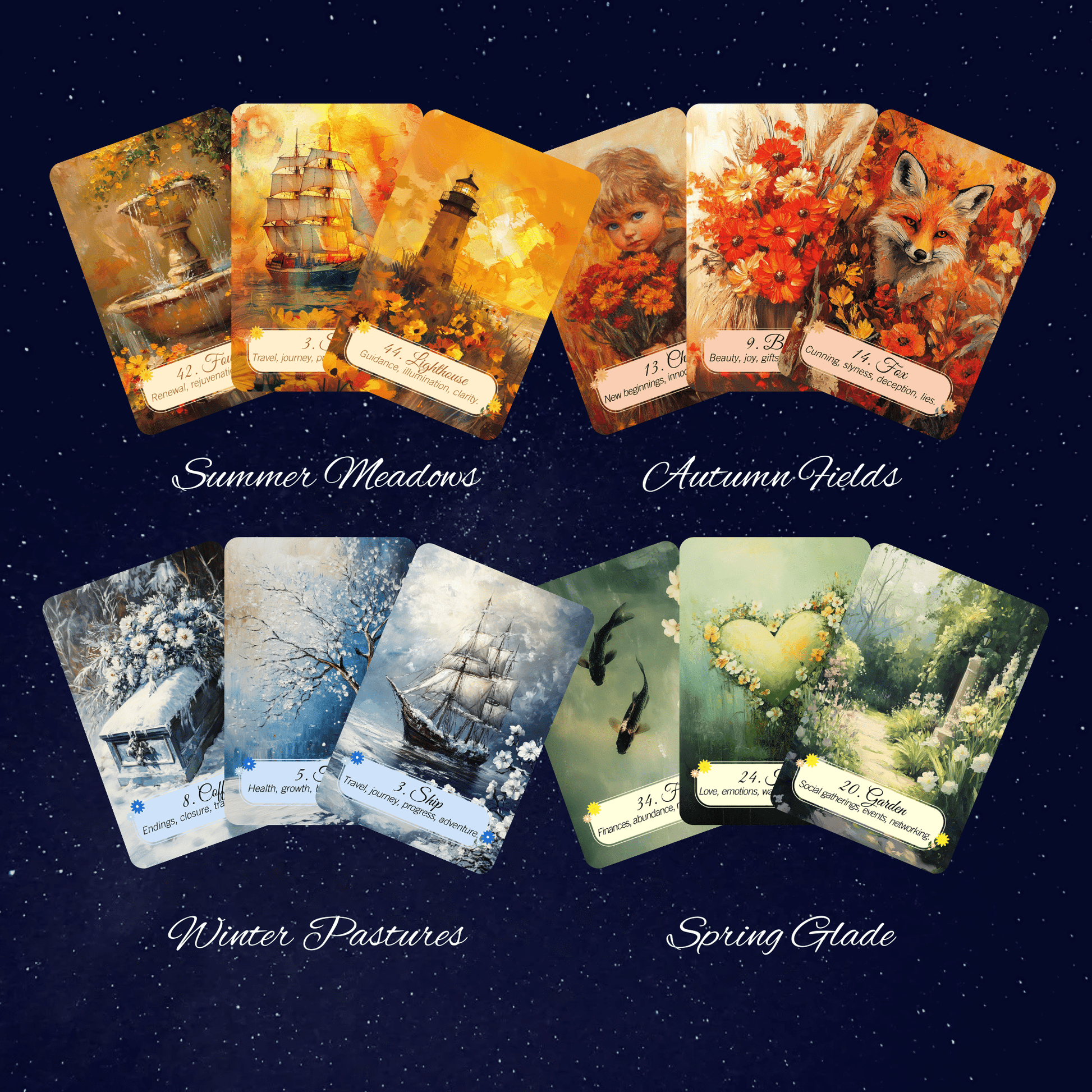 Four Seasons of Tarot – Lenormand Collection 🍃 A four - deck Lenormand set that follows the turning wheel of the year in painterly beauty - Hattie Thorn Tarot